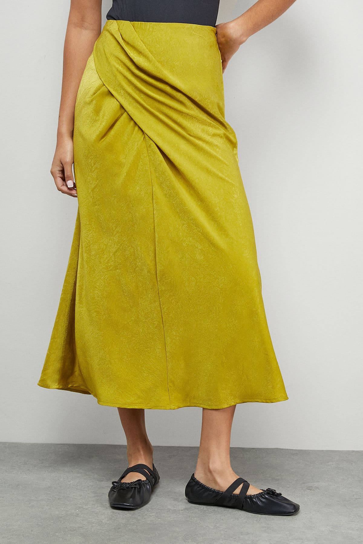 Warehouse Women's Crushed Satin Drape Front Bias Midi Skirt in Chartreuse