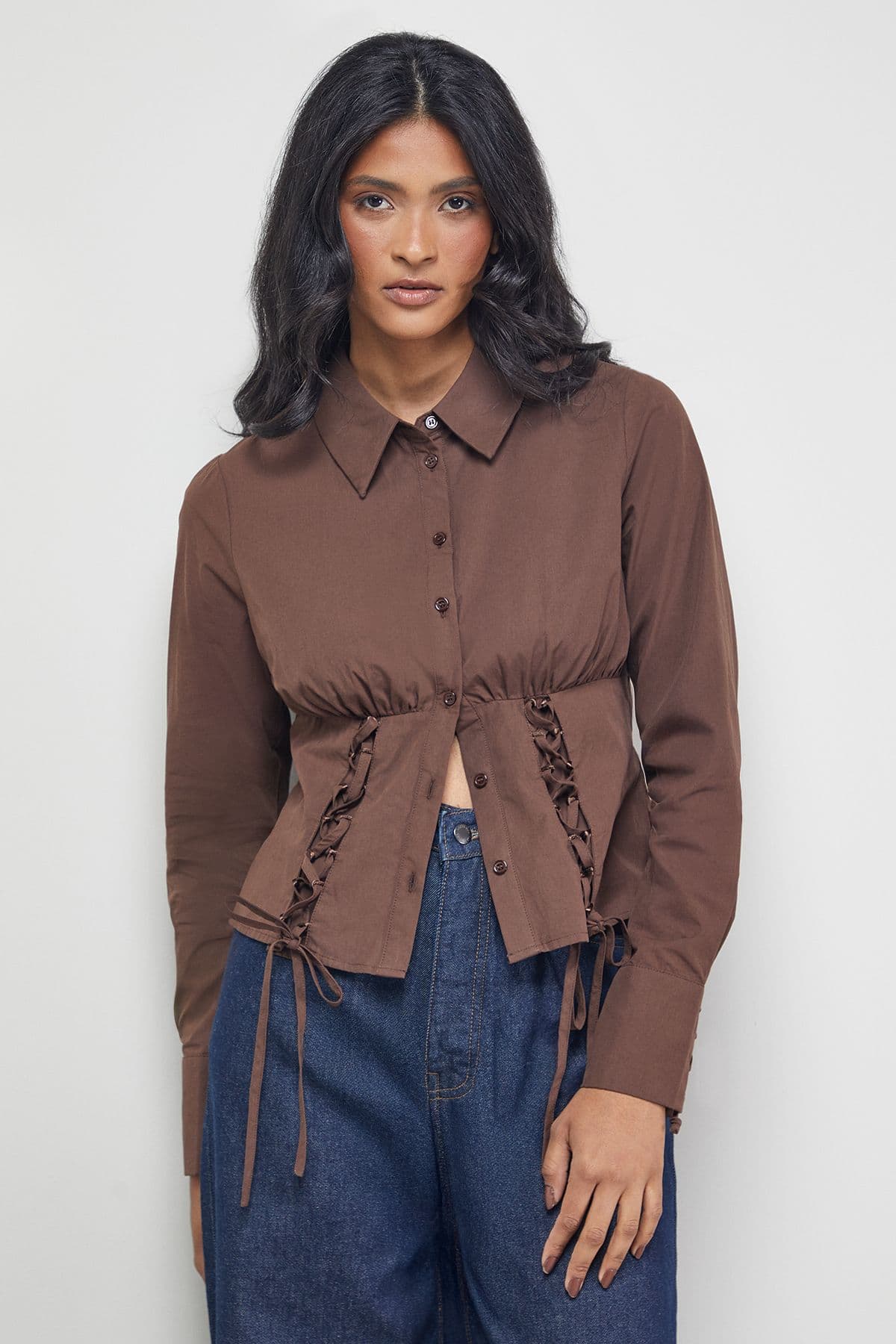 Warehouse Women's Cotton Lattice Front Fitted Waist Shirt in Chocolate
