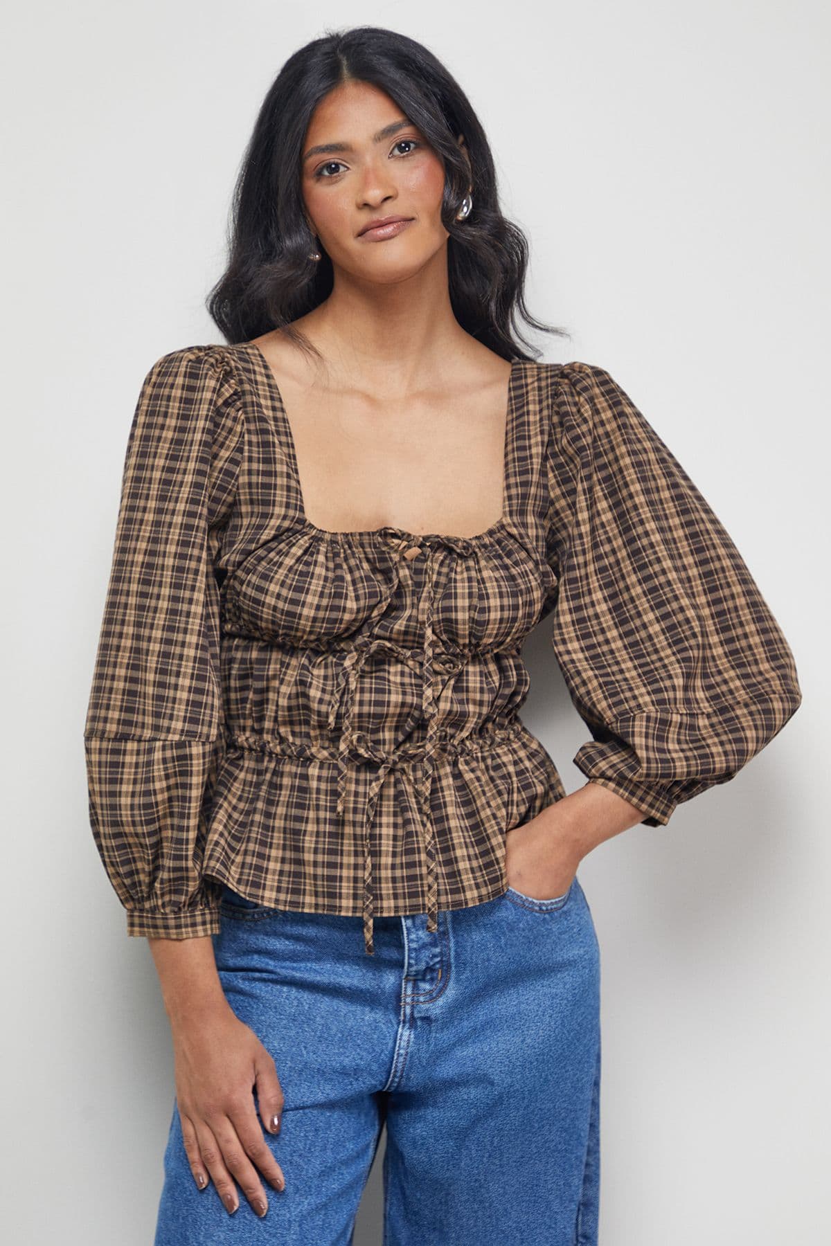 Warehouse Women's Check Tie Front Square Neck Blouse in Brown