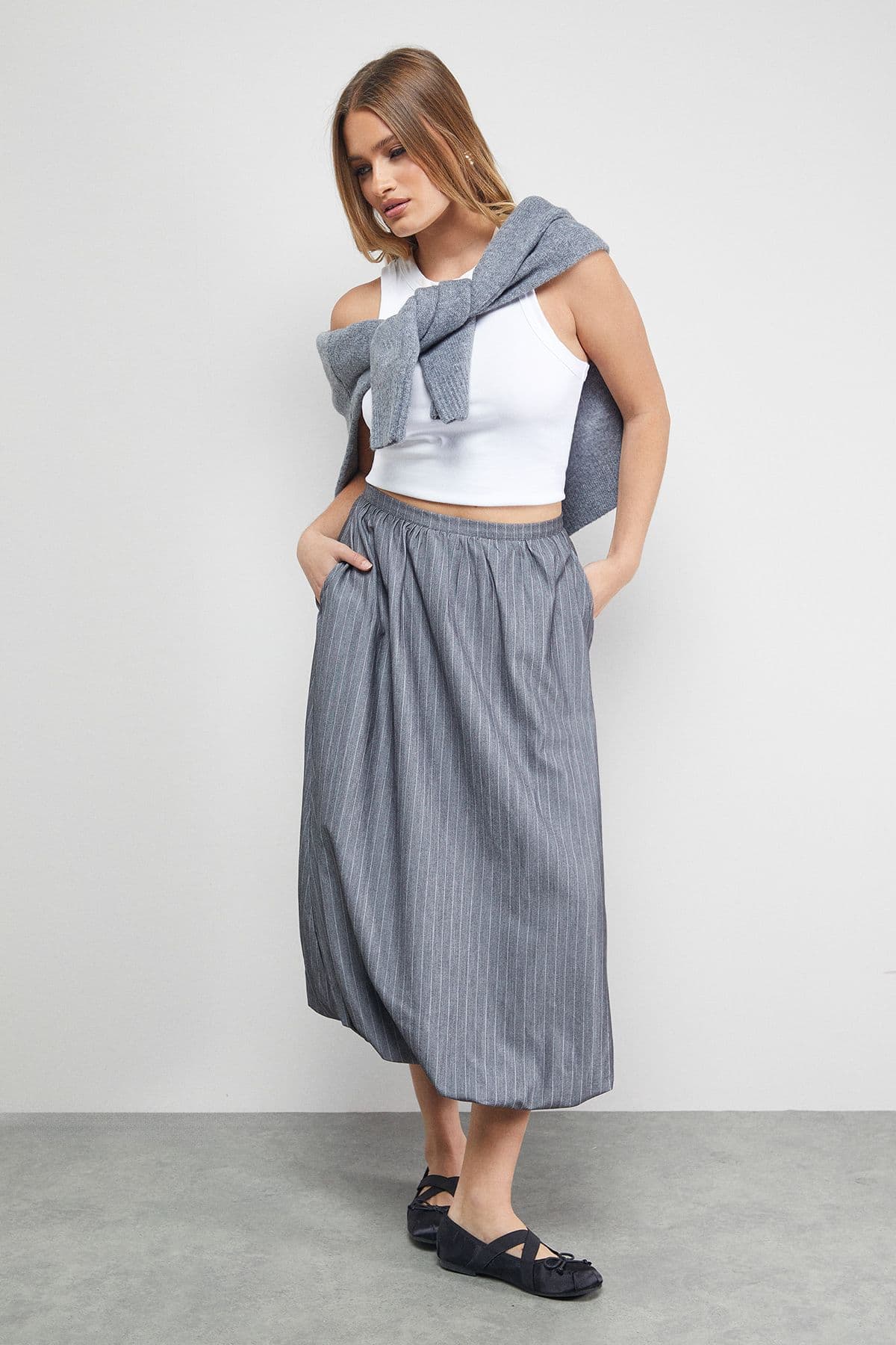 Warehouse Women's Pinstripe Bubble Hem Midi Skirt in Grey