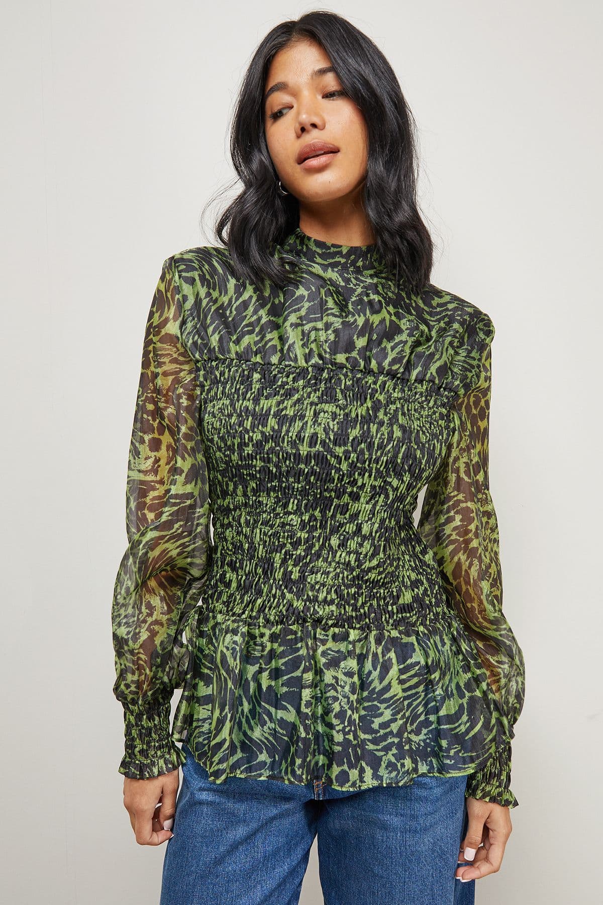 Warehouse Women's Animal Organza Shirring Blouson Sleeve Shirt in Lime