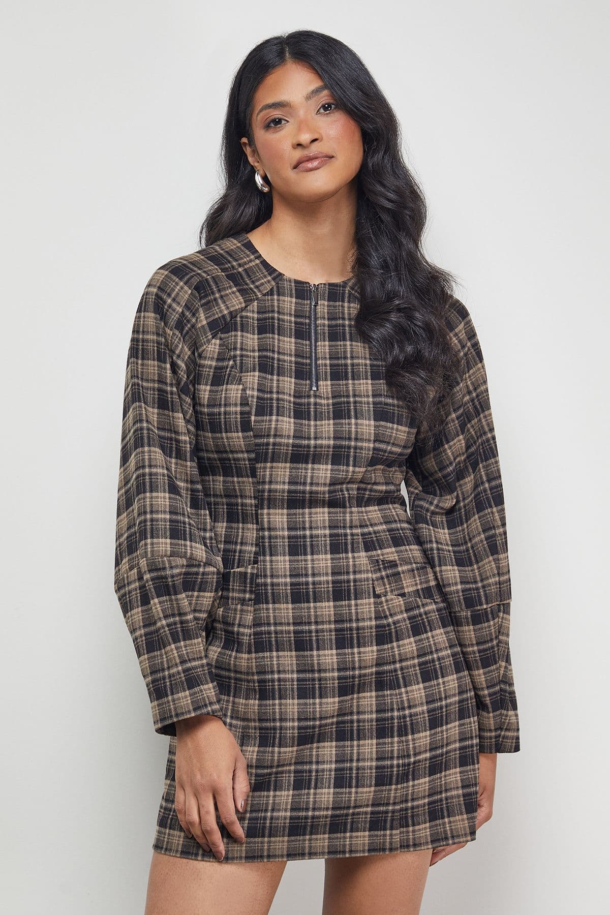 Warehouse Women's Check Structured Seam Zip Front Mini Dress in Brown