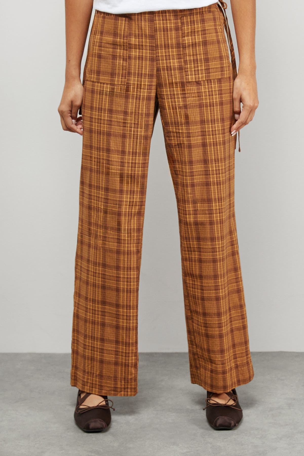 Warehouse Women's Mustard Check Mid Rise Tie Side Pocket Trouser