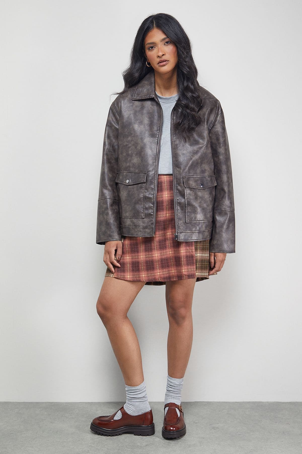 Warehouse Women's Mixed Check Buckle Side Pleat Awkward Length Skirt