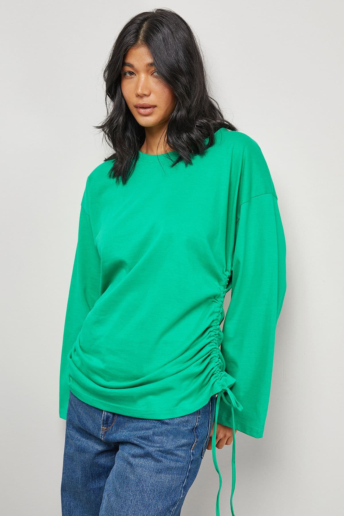 Warehouse Women's Drawstring Channel 3/4 Sleeve Top in Bright Green