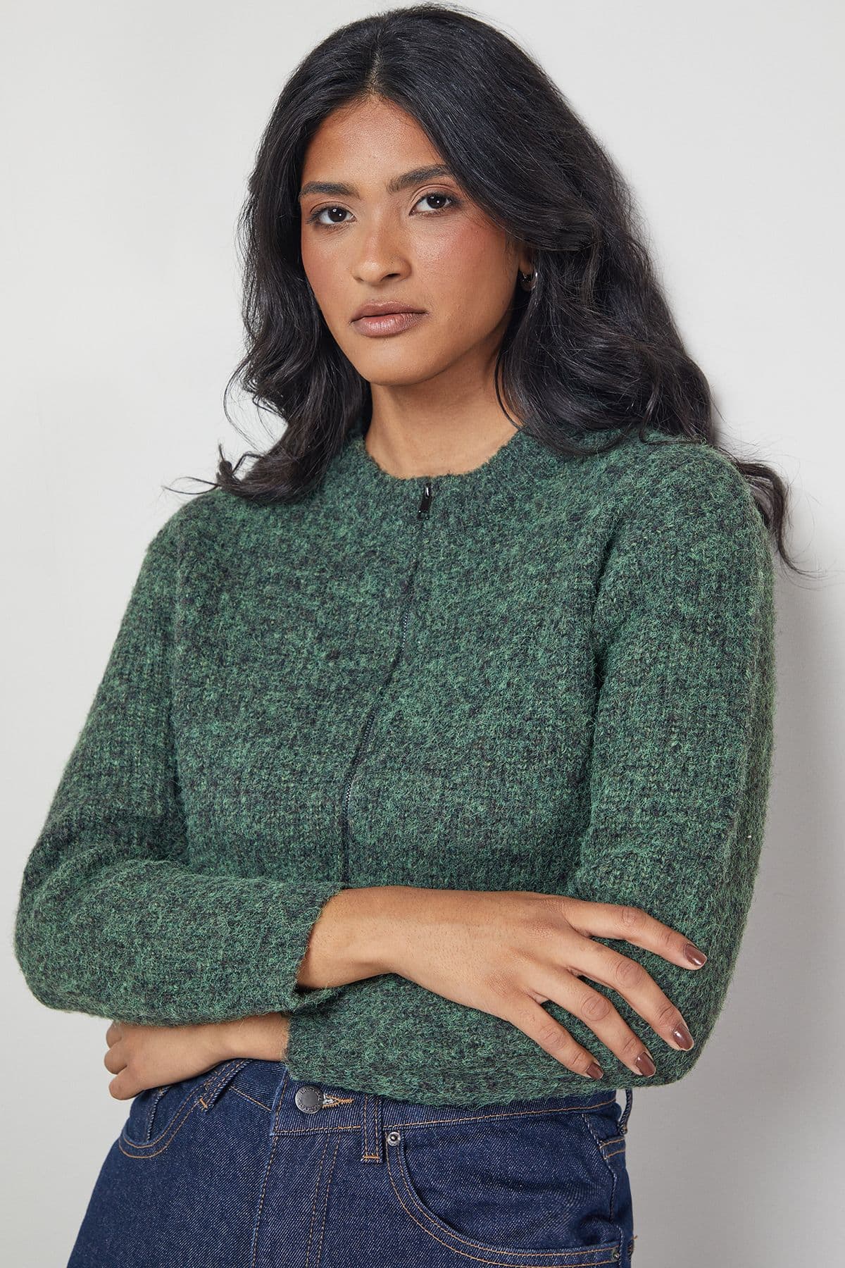 Warehouse Women's Zip Up Rib Crew Cardigan in Emerald