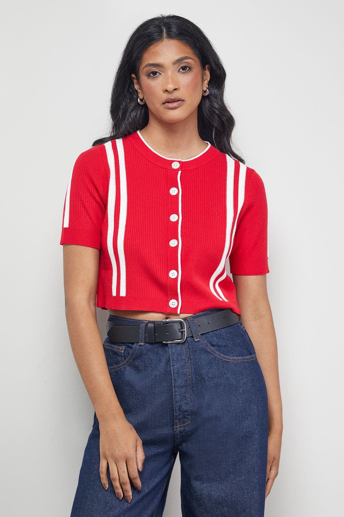 Warehouse Women's Mini Stripe Button Through Cardigan in Red