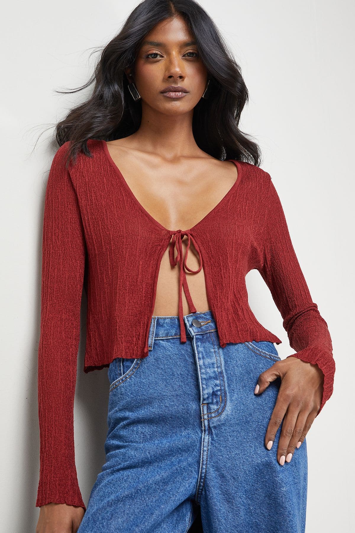 Warehouse Women's Burgundy Crinkle Sheer Tie Detail Cardigan