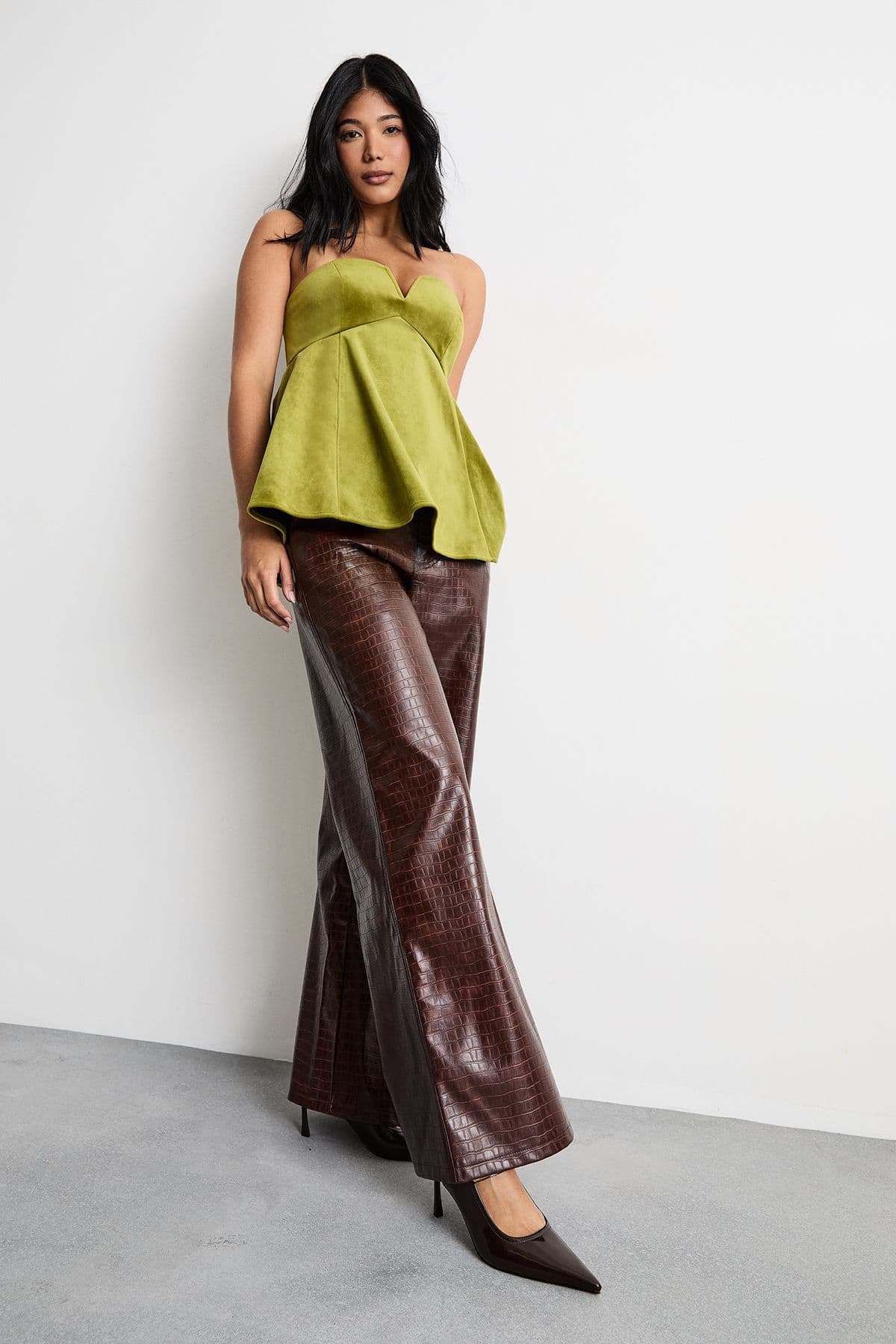 Warehouse Women's Bonded Velvet Tailored Bustier Top in Chartreuse