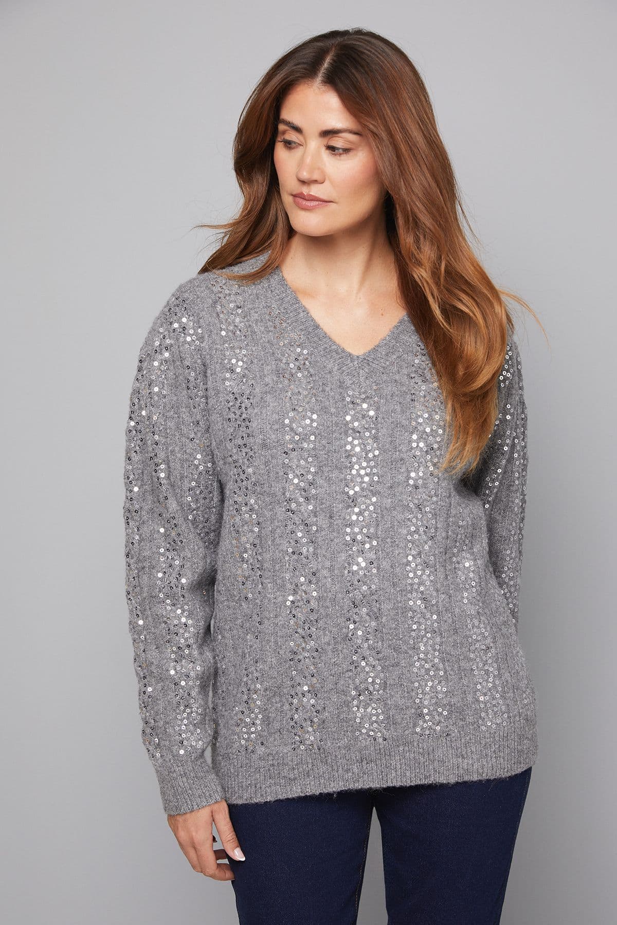 Wallis Women's Christmas Sequin Knitted Jumper in Grey Marl