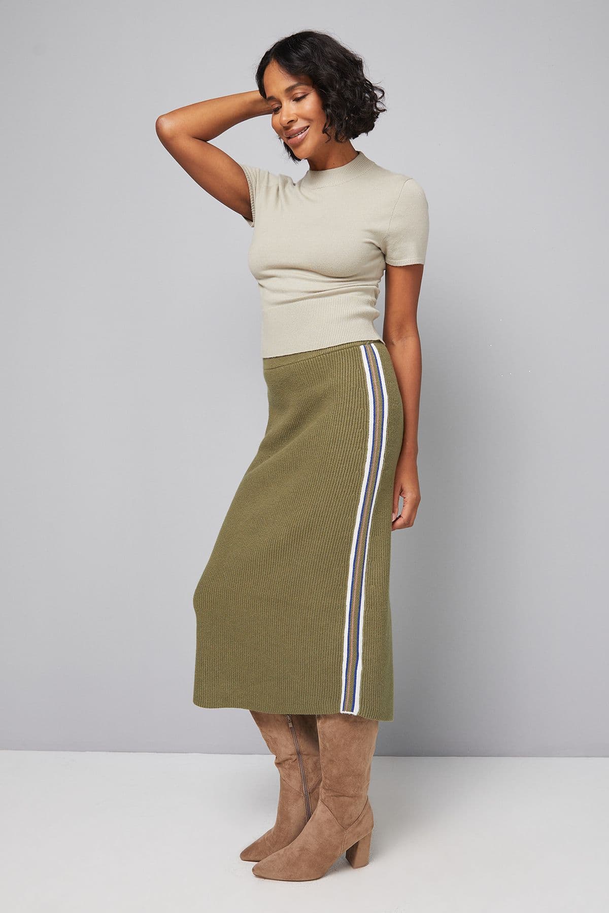 Wallis Women's Knitted Side Stripe Skirt in Khaki