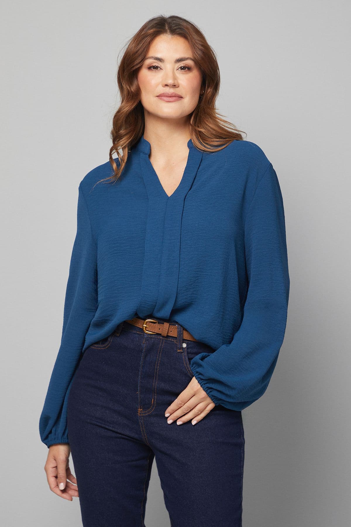 Wallis Women's Collarless Woven Blouse in Teal