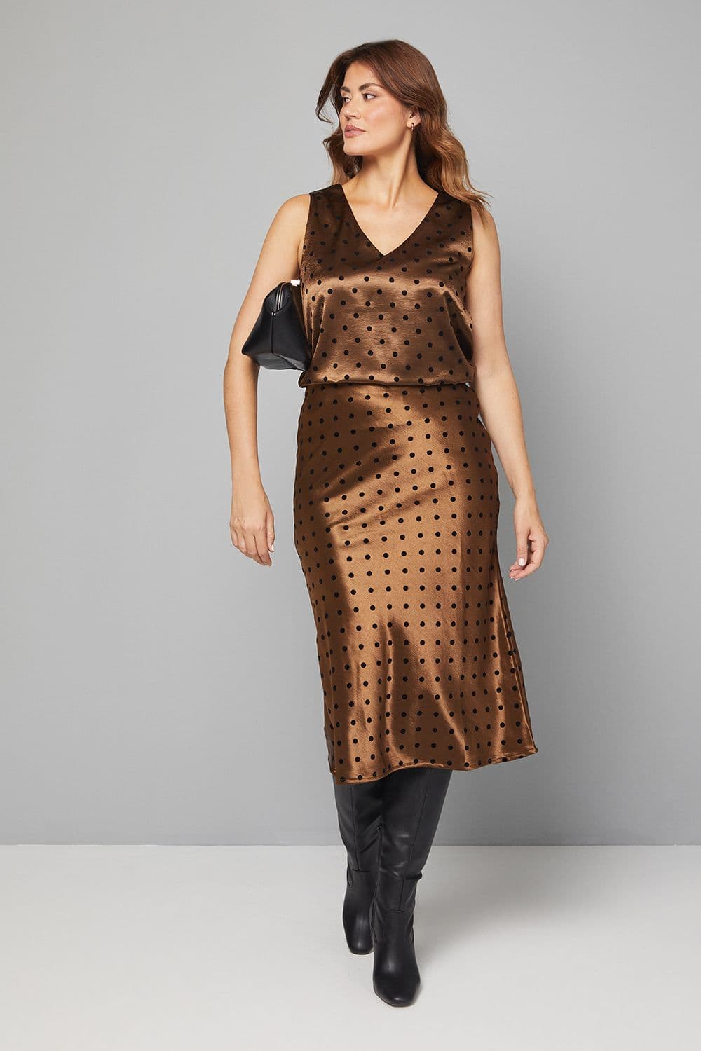 Wallis Women's Satin Spot Bias Midi Skirt in Gold