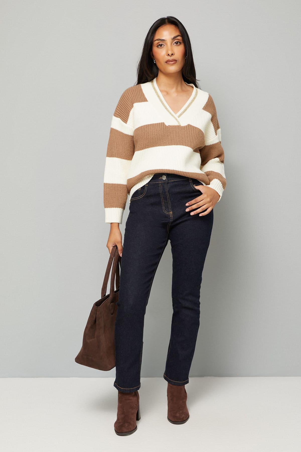 Wallis Women's Petite Camel & Ivory Relaxed Stripe Cricket Jumper