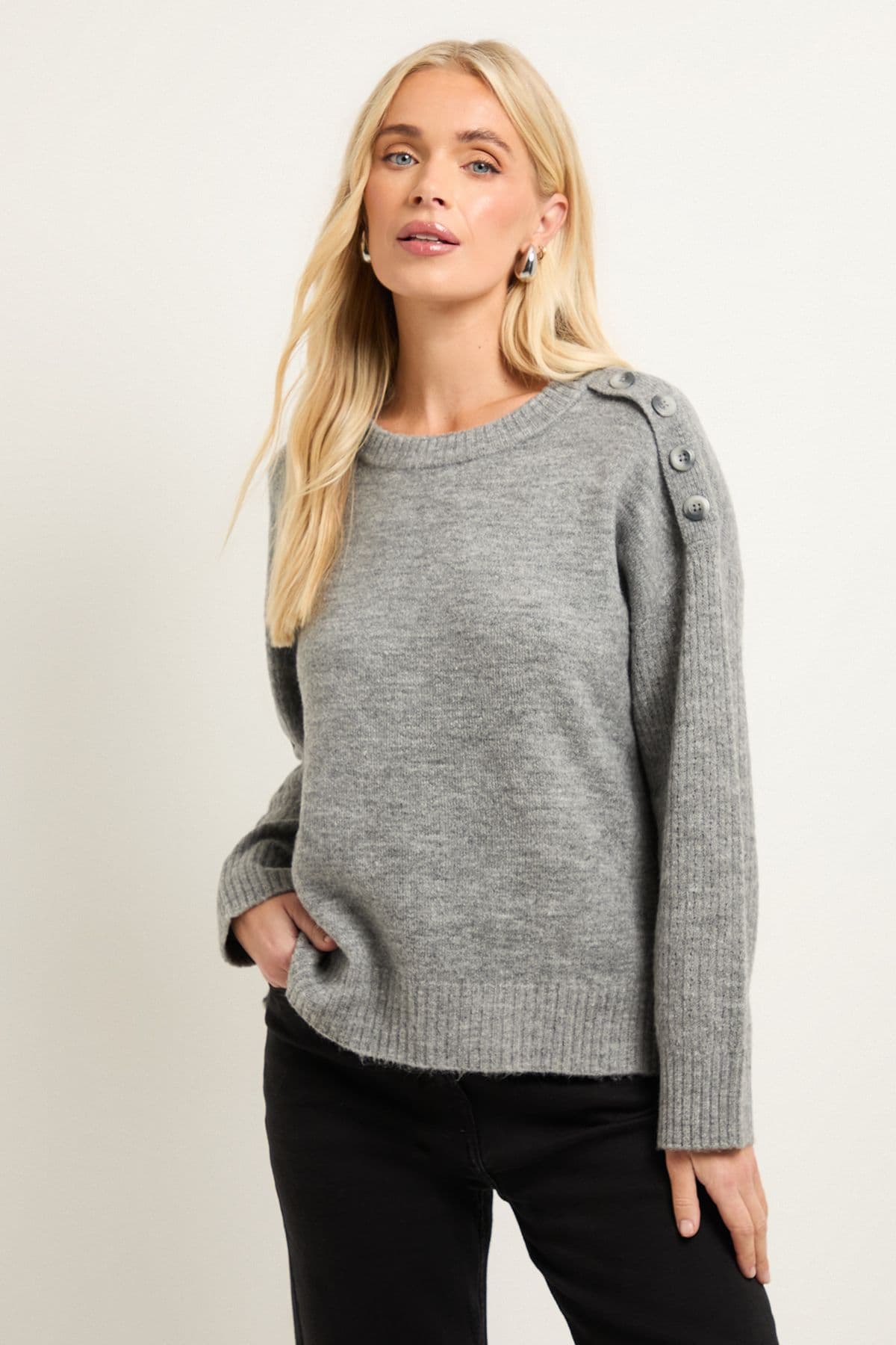 Wallis Women's Petite Button Detail Knitted Jumper in Grey