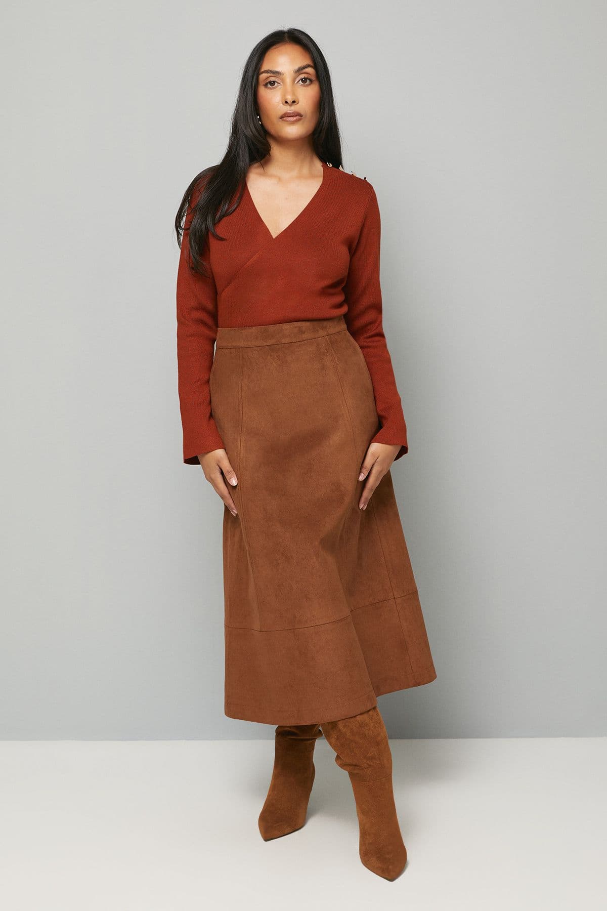 Wallis Women's Petite Asymmetric Rib Detail Knitted Peplum Top in Rust