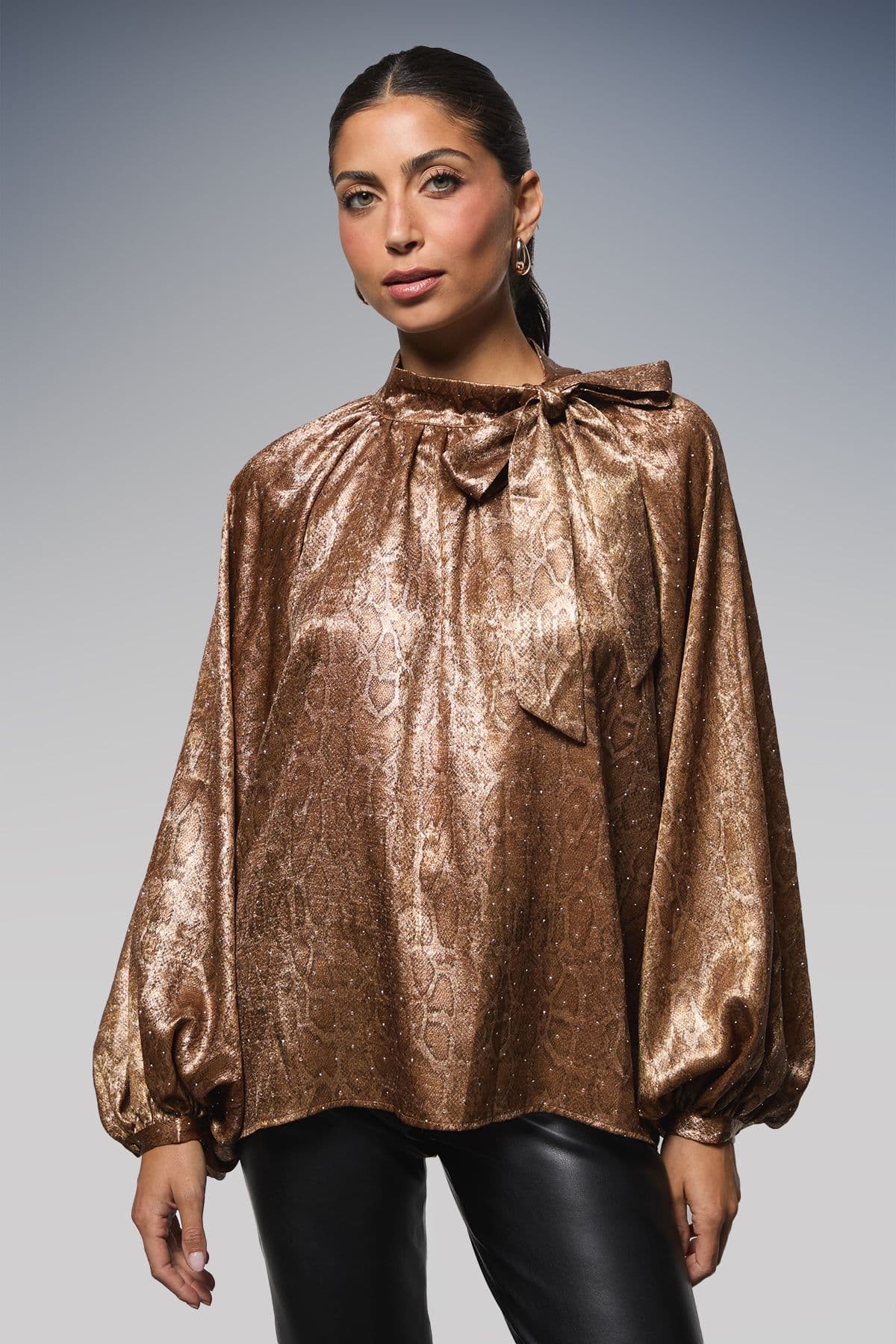 Wallis Women's Hotfix Snake Foil Tie Neck Blouse in Copper