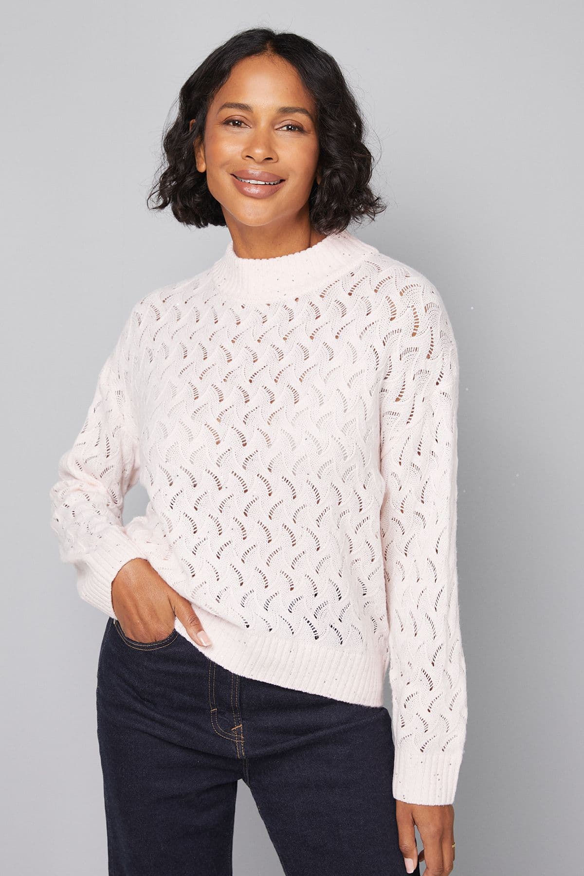 Wallis Women's Glitter Pointelle High Neck Jumper in Blush