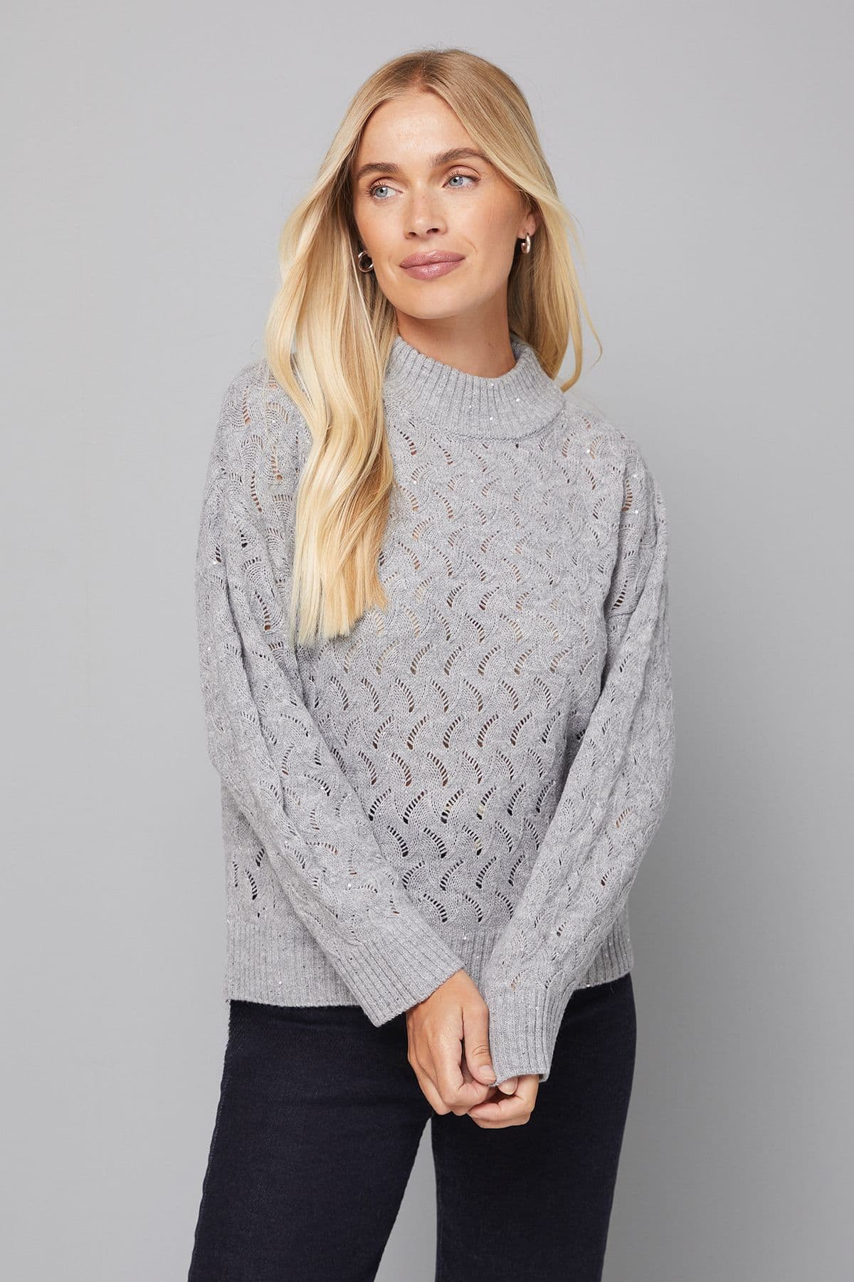 Wallis Women's Petite Sparkle Pointelle Funnel Neck Jumper in Grey