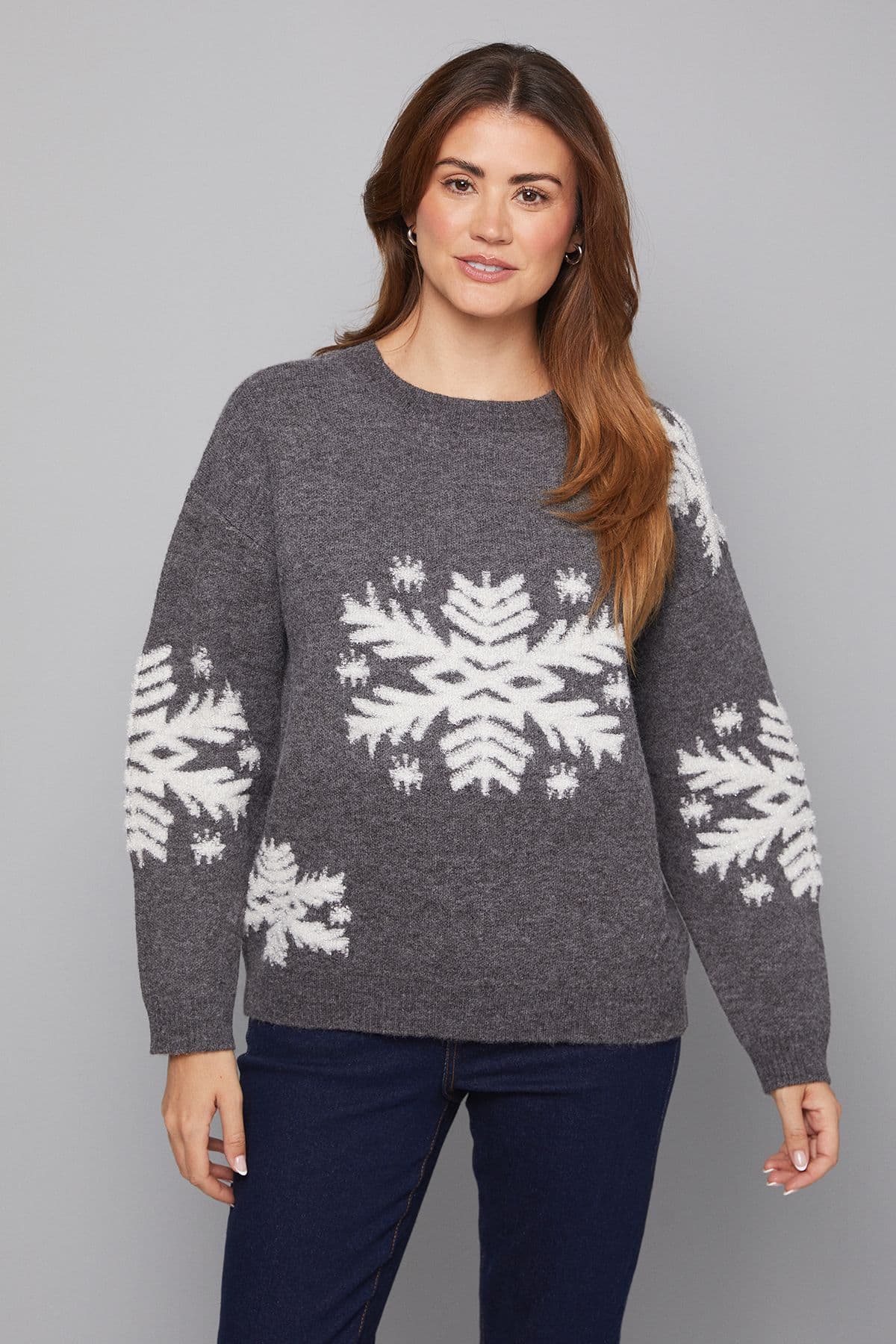 Wallis Women's Snowflake Pattern Crew Neck Jumper in Charcoal