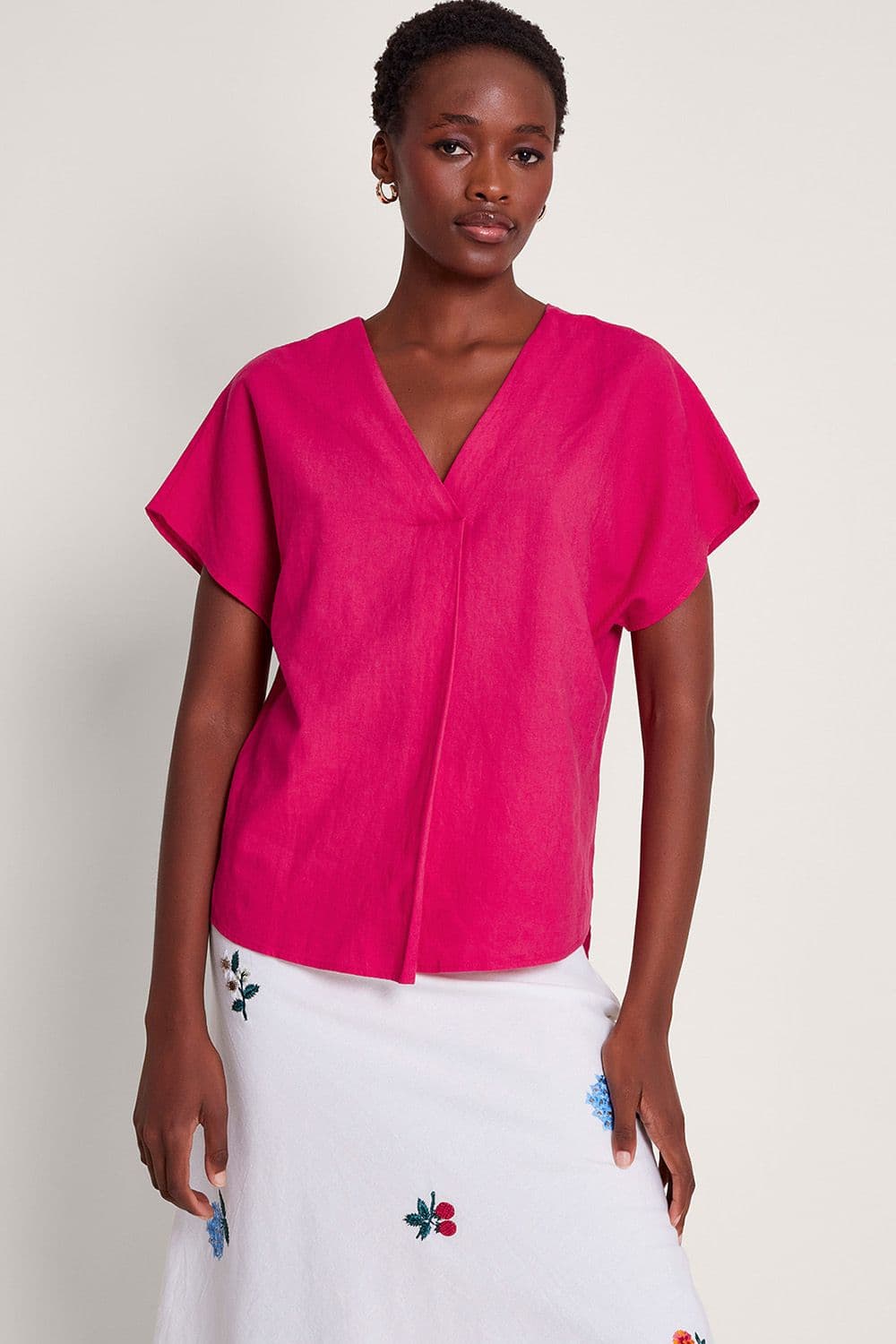 Monsoon Women's Viola V-Neck Pintuck T-Shirt Pink