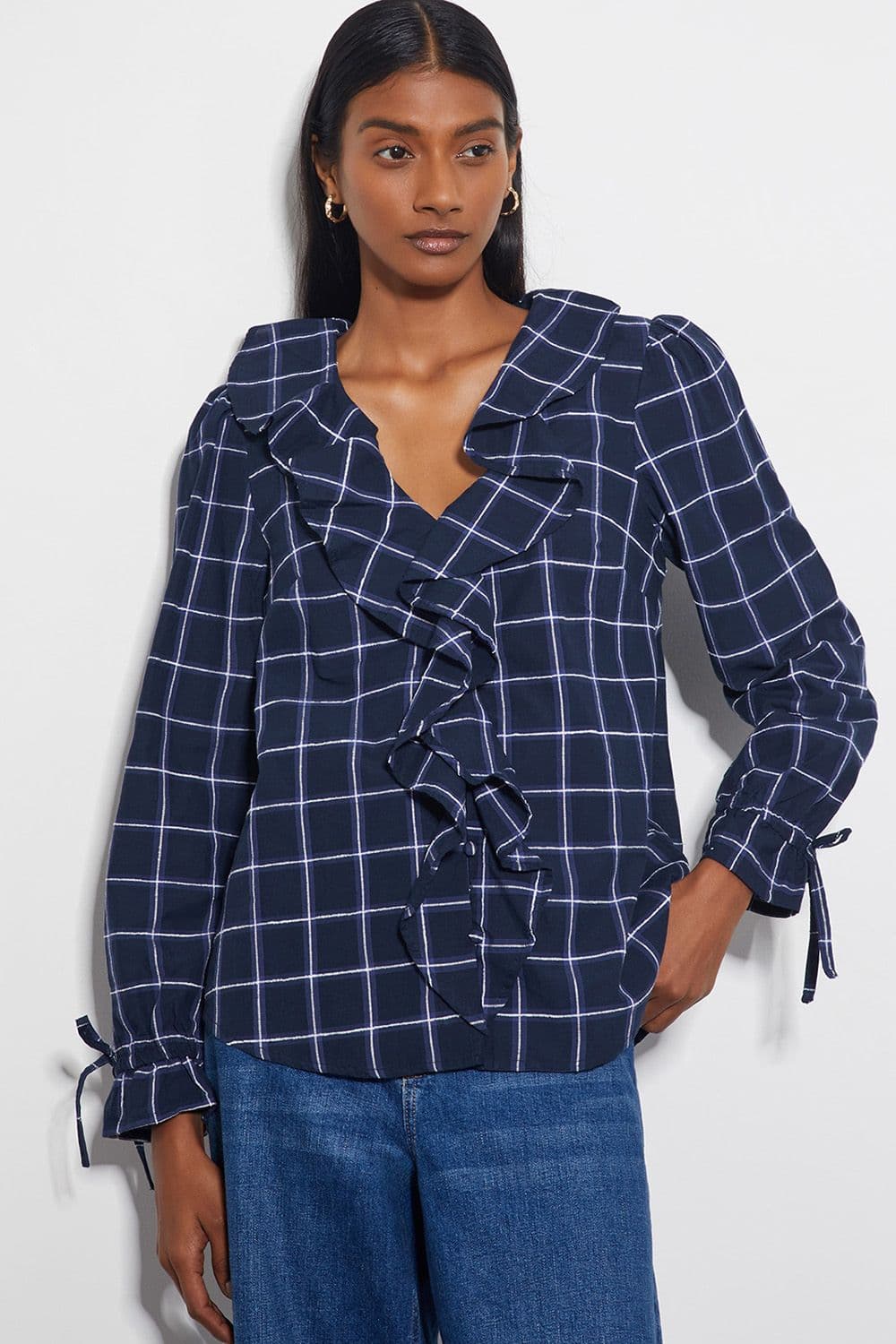 Monsoon Women's Frankie Check Print Ruffle Blouse Blue
