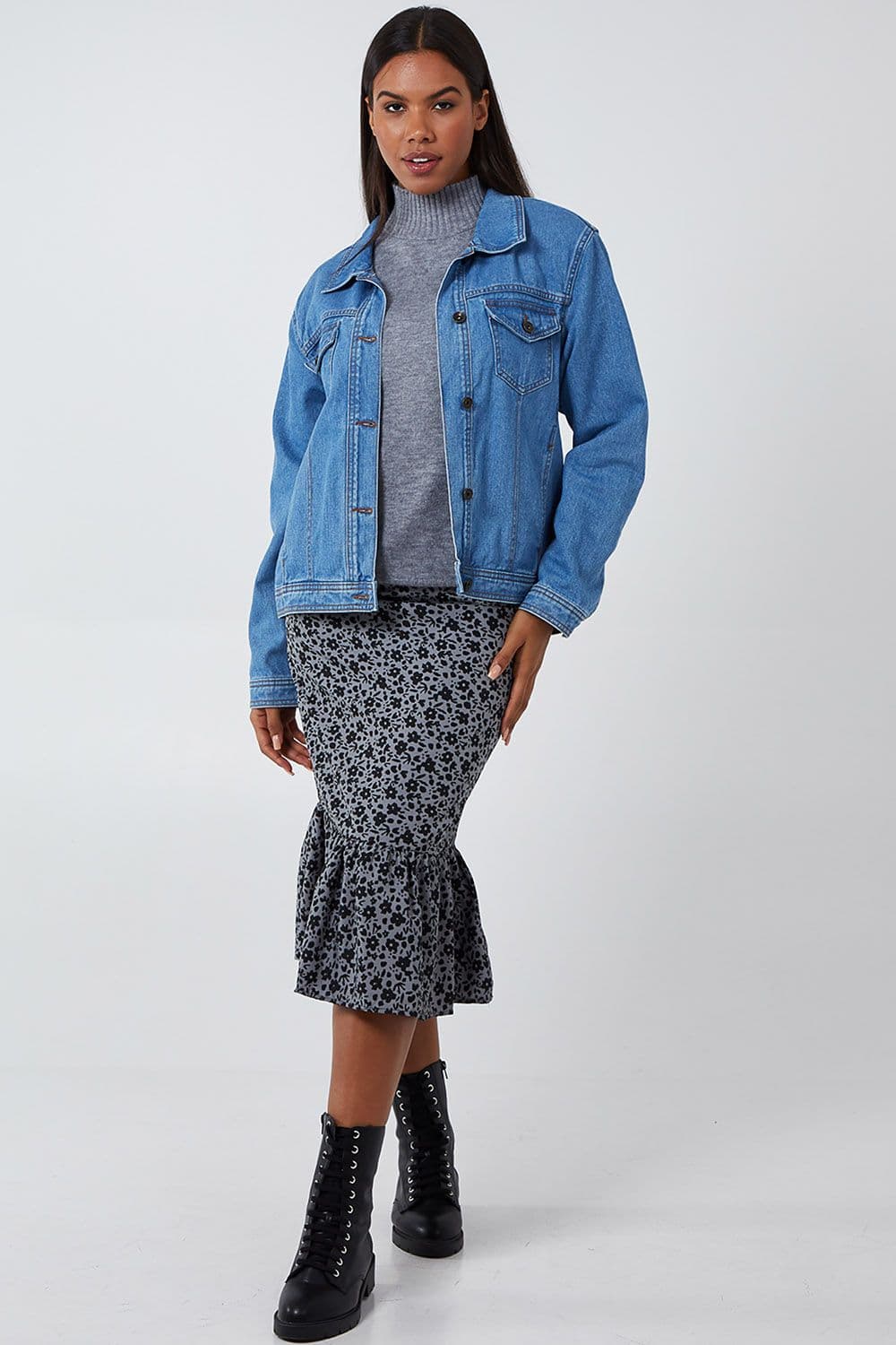 Blue Vanilla Women's Floral Tiered Midi Skirt in Grey