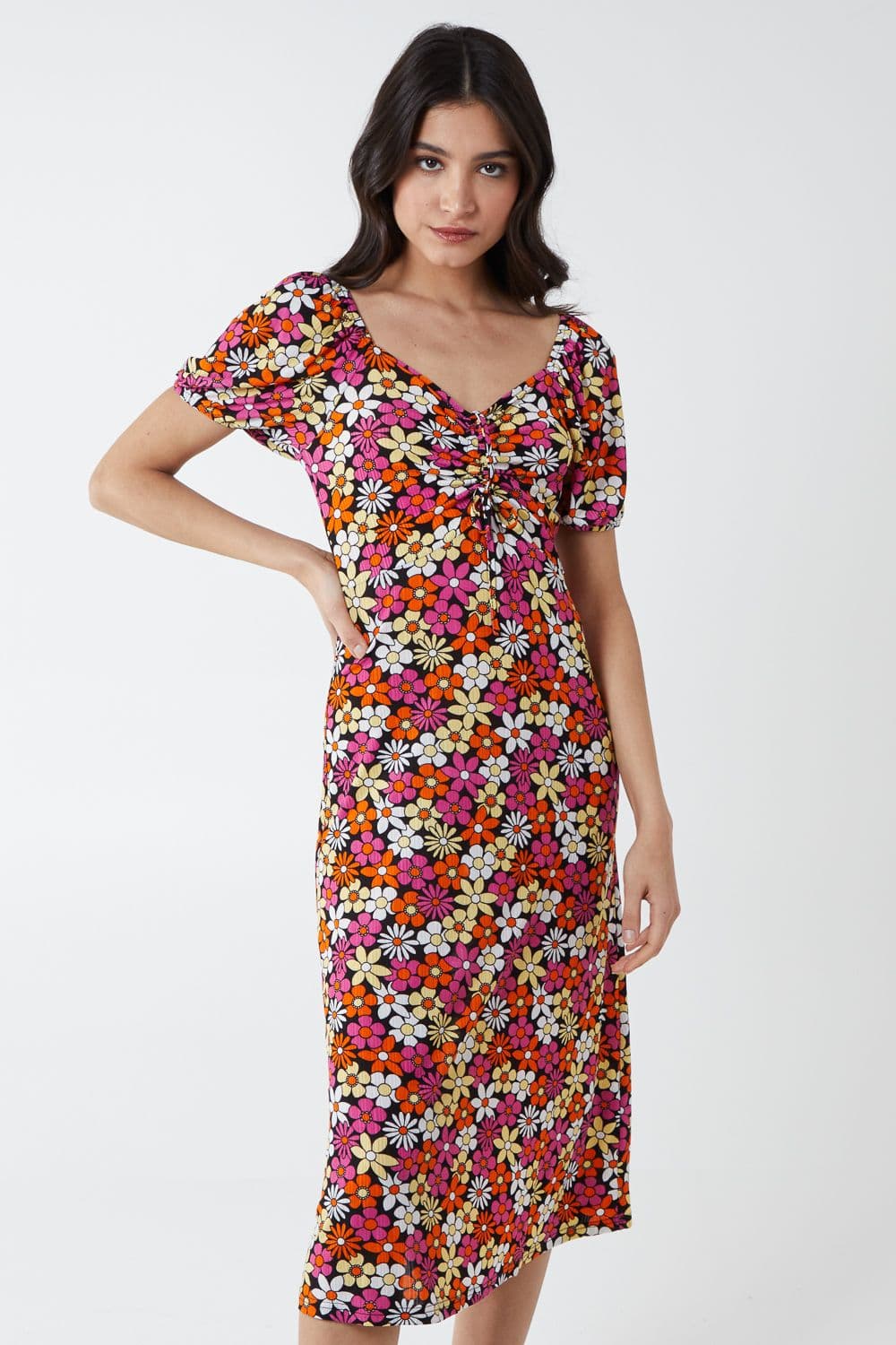Blue Vanilla Women's V Neck Ruched Milkmaid Midi Dress in Pink
