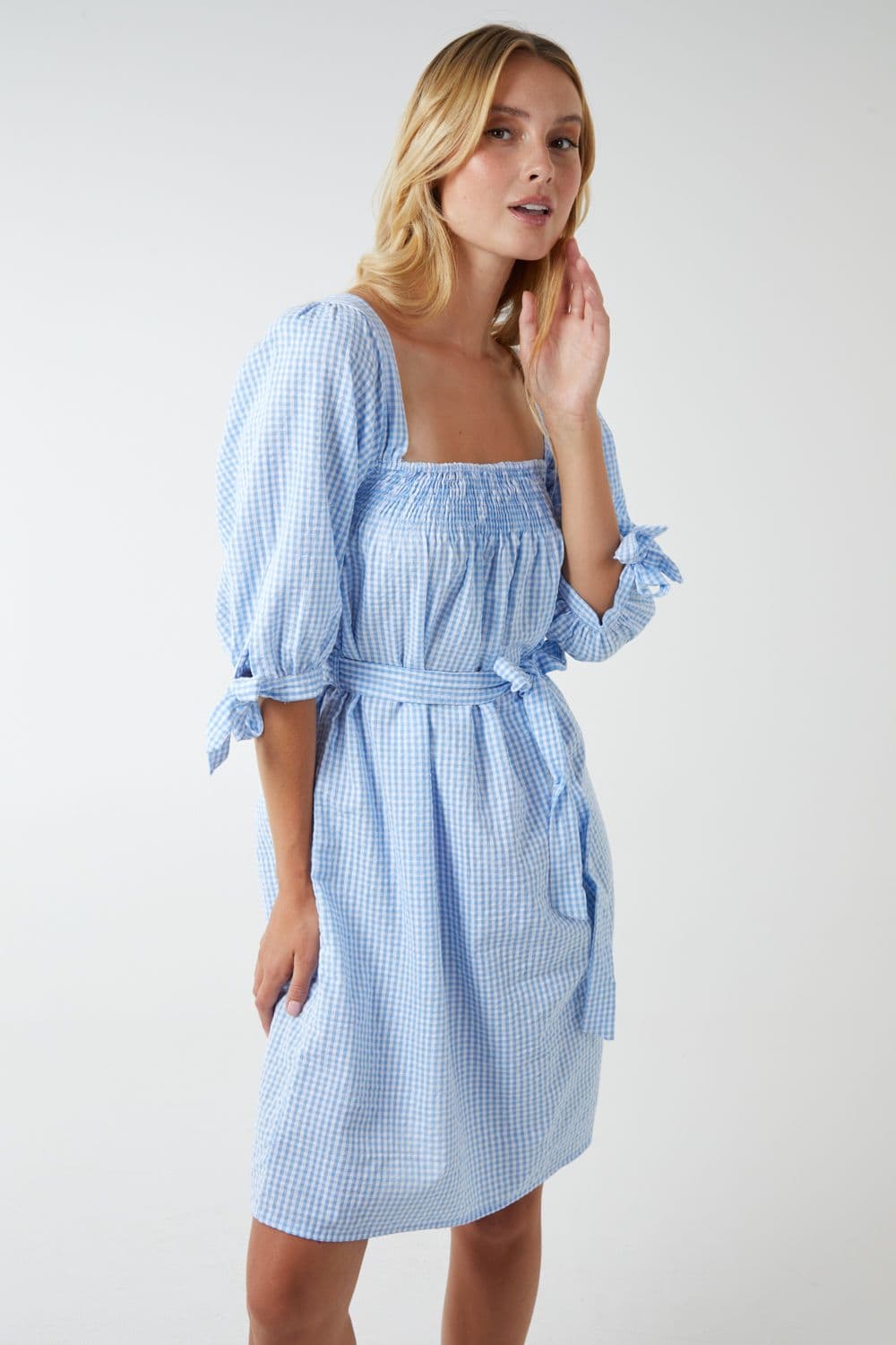Blue Vanilla Women's Milkmaid Square Neck Shirred Swing Dress in Light Blue