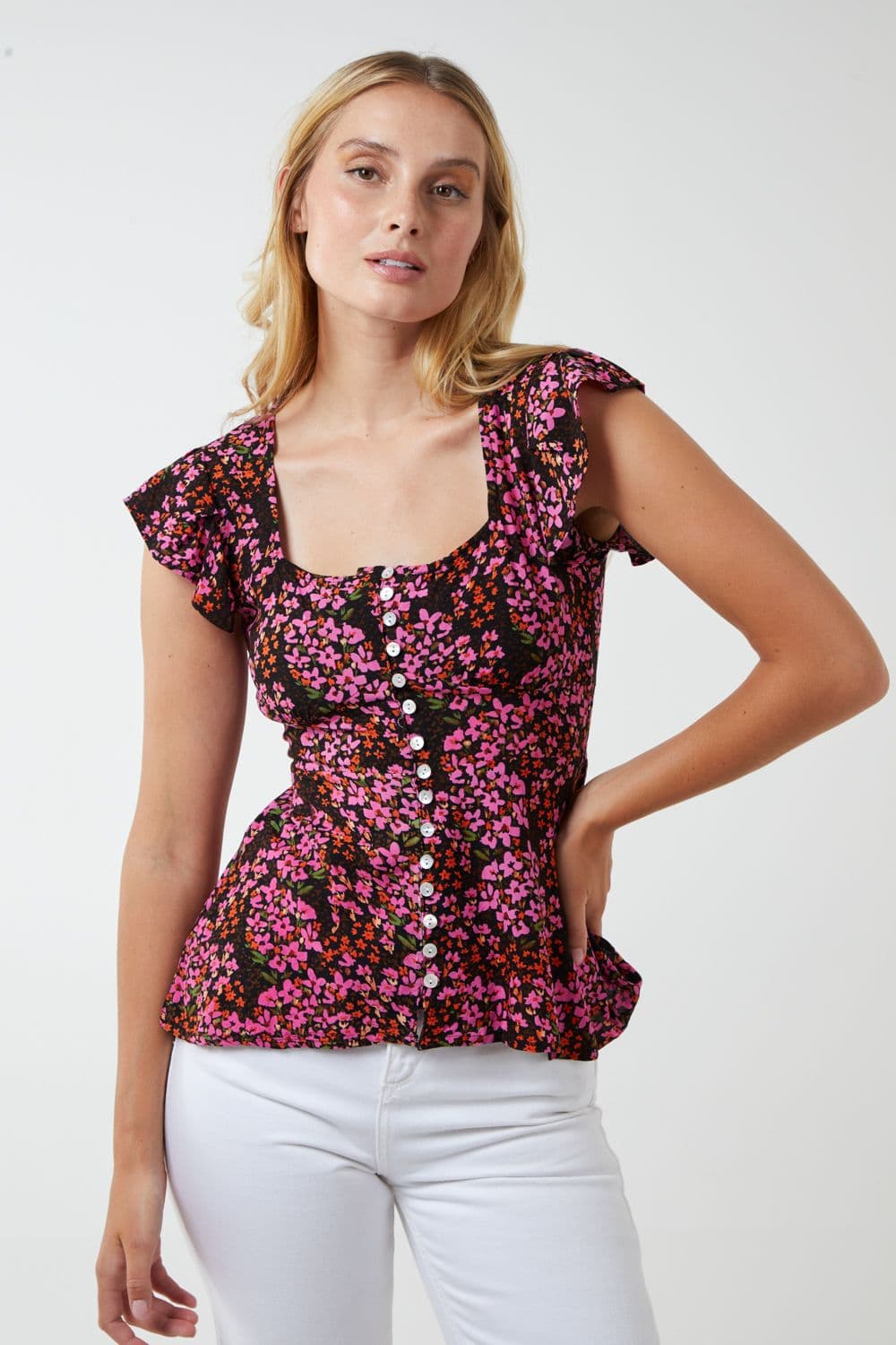 Blue Vanilla Women's Milkmaid Button Front Peplum Top in Pink
