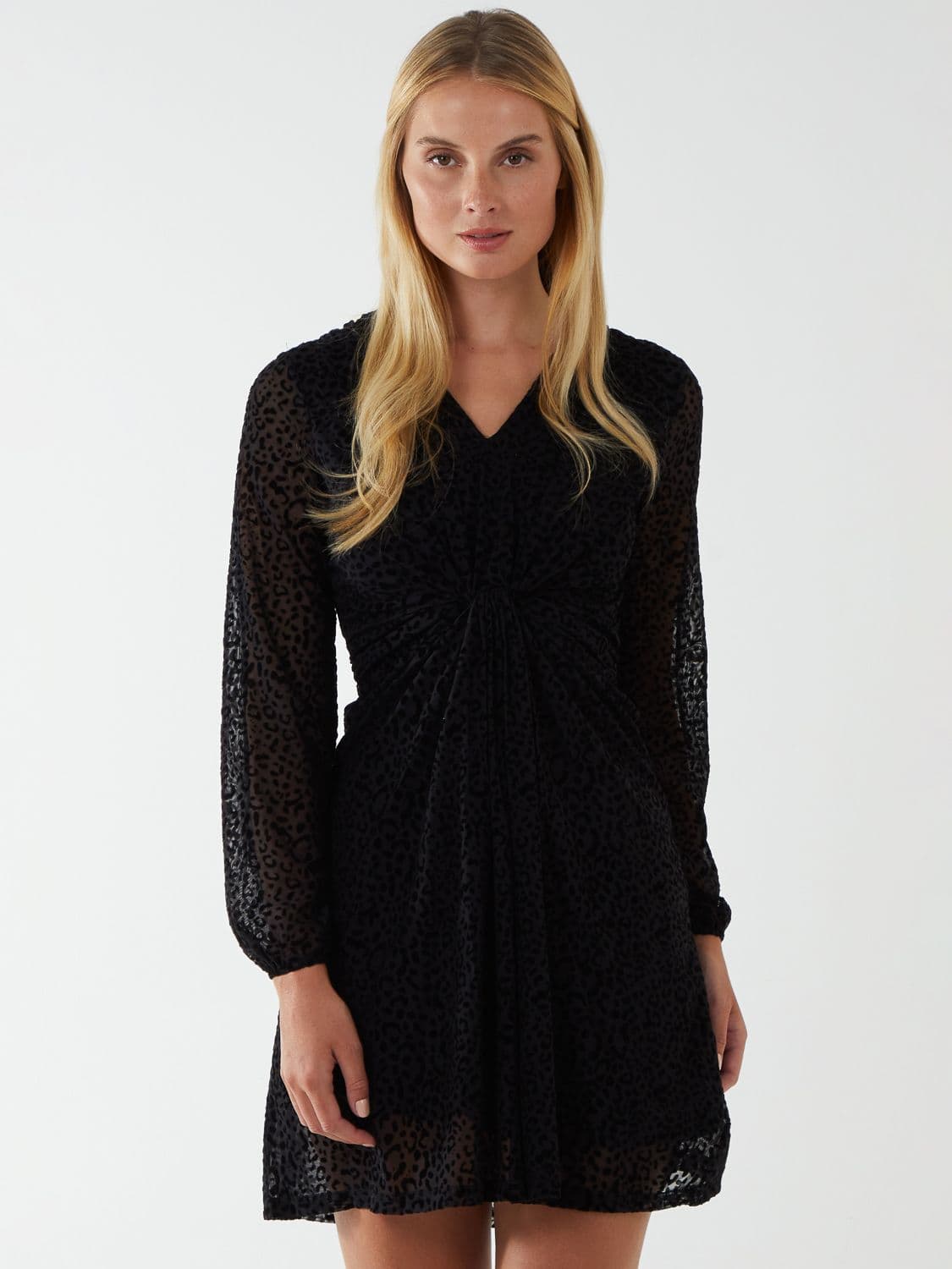 Blue Vanilla Women's Leopard Print Flocked Knot Front Dress in Black