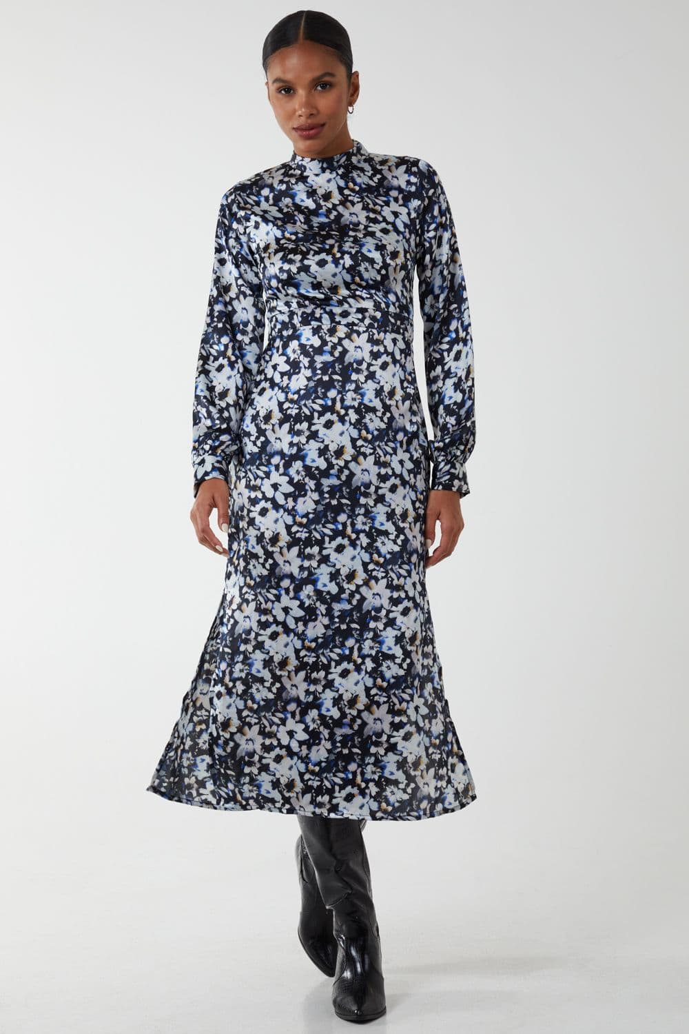 Blue Vanilla Women's Floral Print High Neck Dress in Black