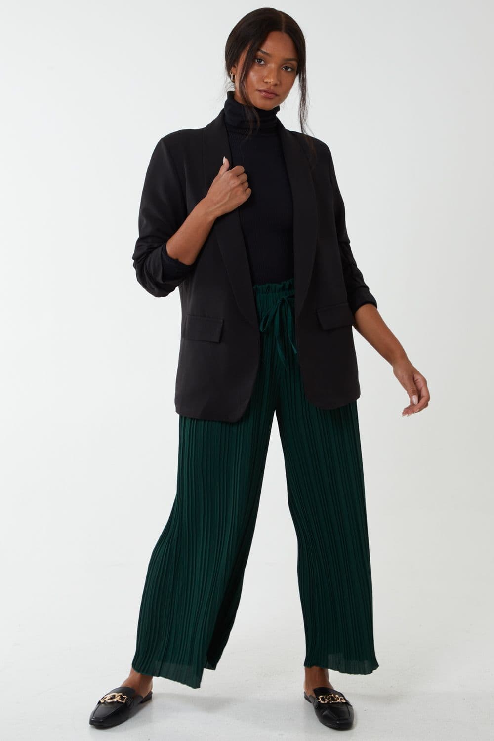 Blue Vanilla Women's Wide Leg Pleated Trousers in Bottle Green