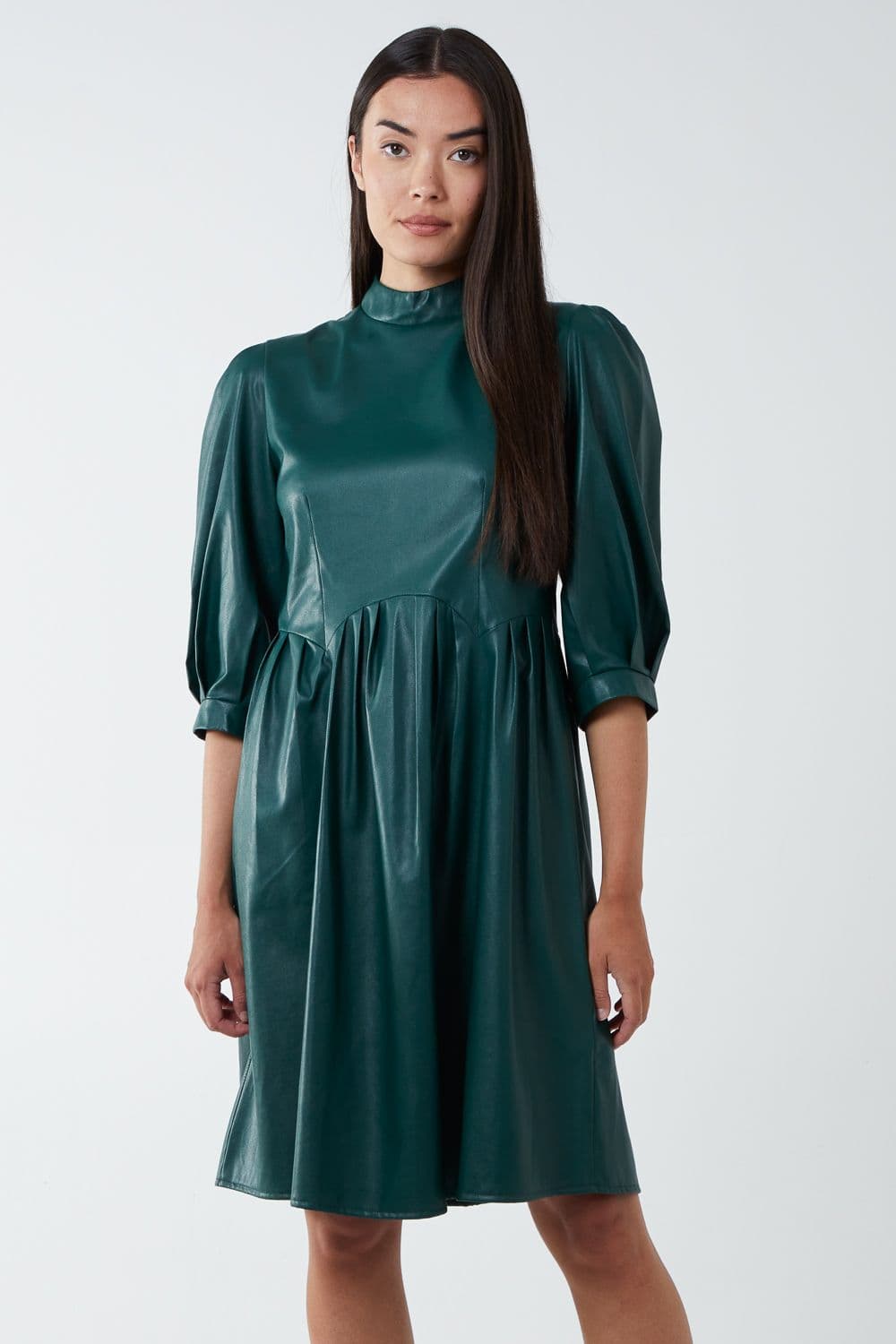 Blue Vanilla Women's High Neck PU Dress in Bottle Green