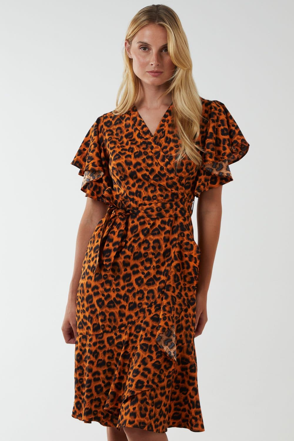 Blue Vanilla Women's Leopard Print Ruffle Wrap Midi Dress in Burnt Orange