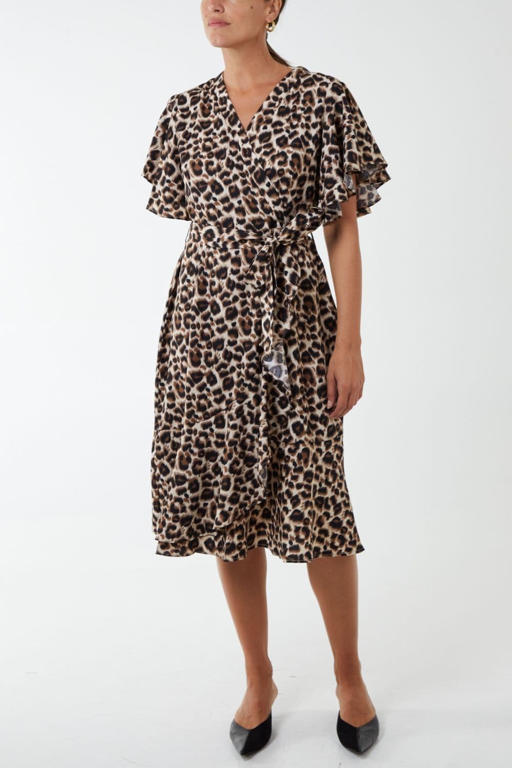 Blue Vanilla Women's Leopard Print Ruffle Wrap Midi Dress in Brown