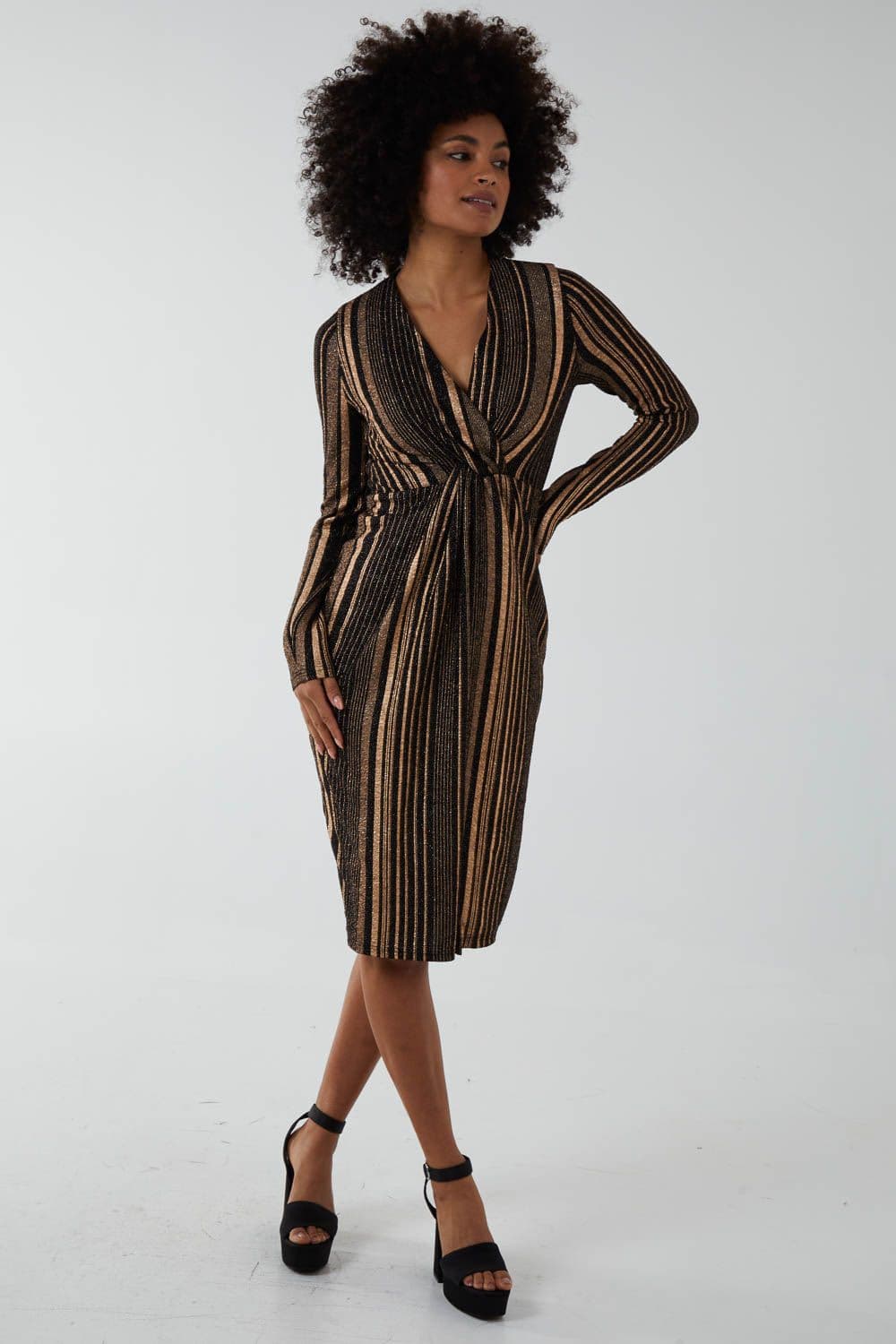 Blue Vanilla Women's Foil Stripes Twist Front Midi Dress in Rose Gold