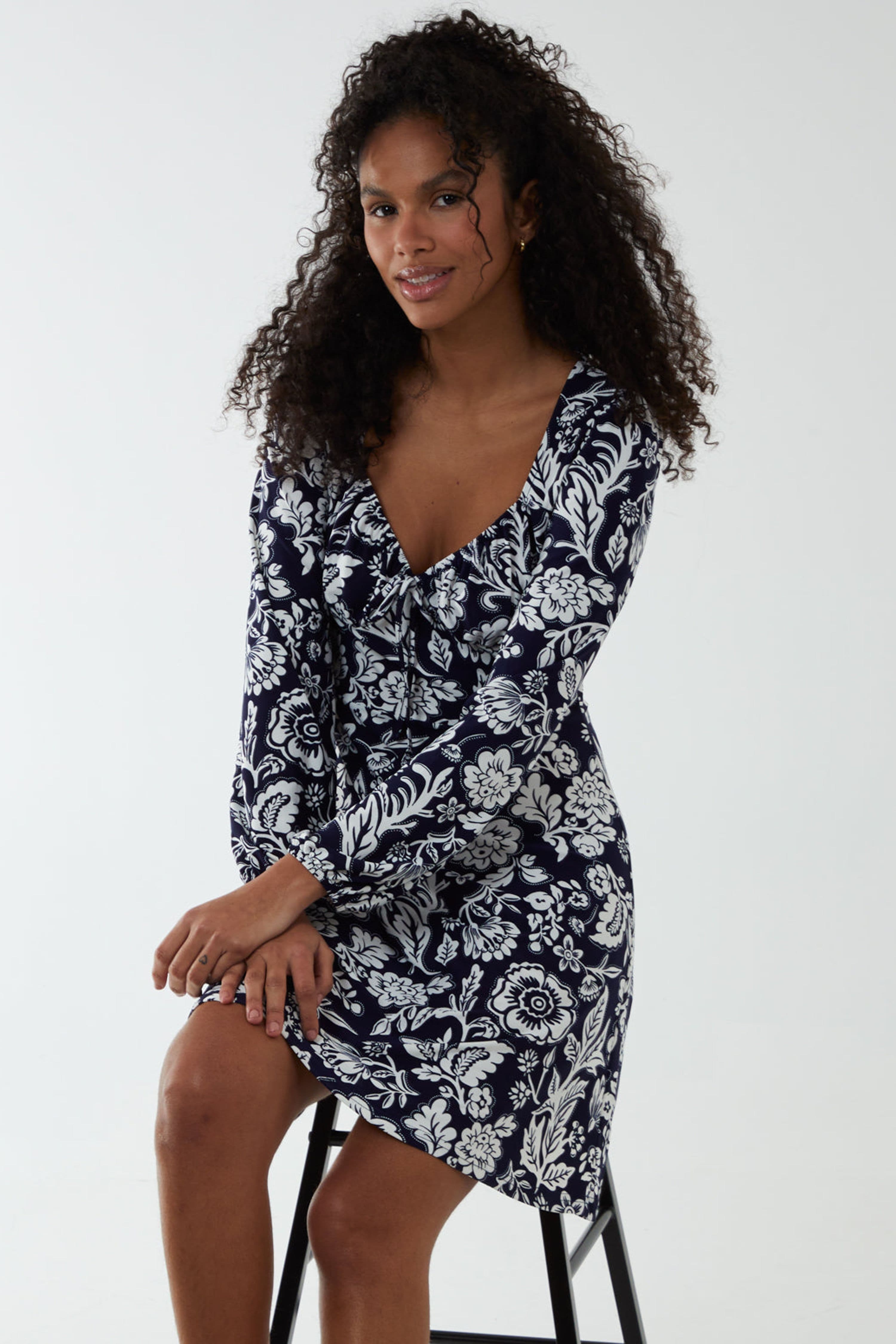 Blue Vanilla Women's Elasticated Sweetheart Neck Mini Dress in Navy