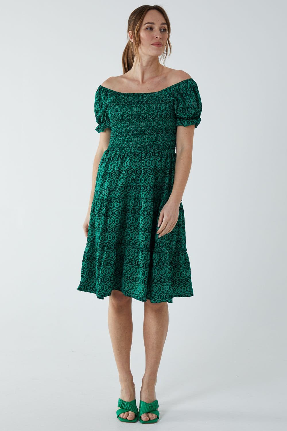 Blue Vanilla Women's Puff Sleeve Shirred Dress in Green