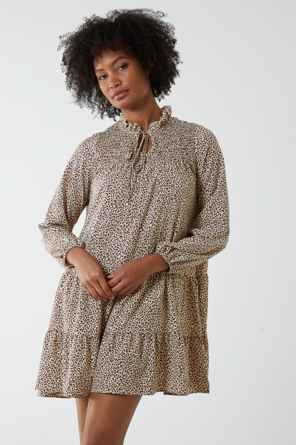 Blue Vanilla Women's Shirred Cheetah Smock Dress in Stone