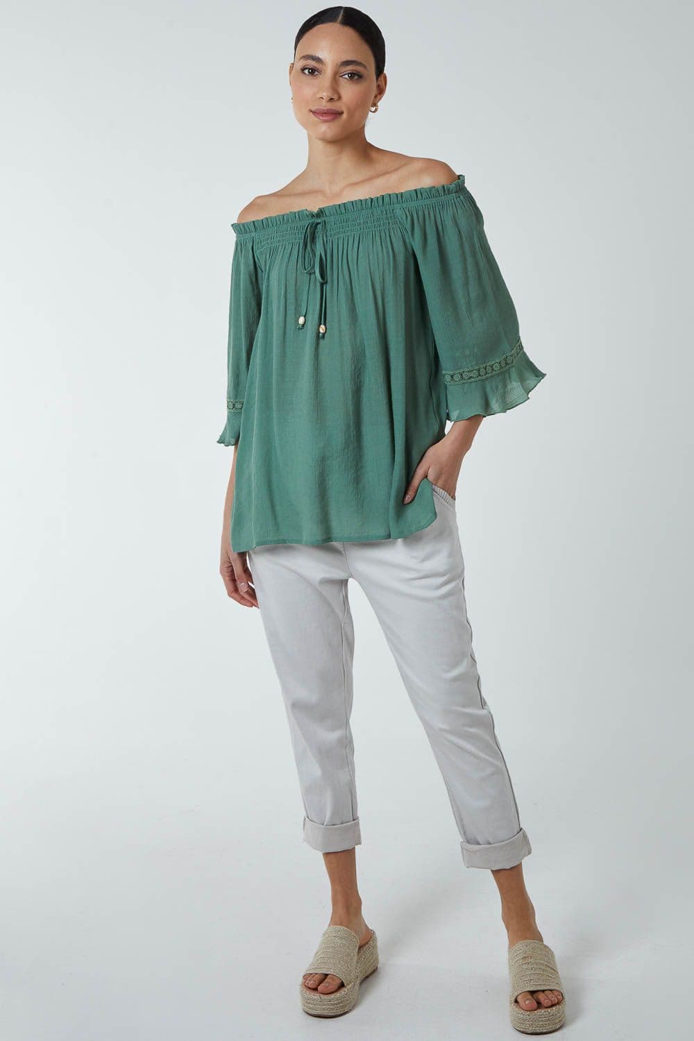 Blue Vanilla Women's Off Shoulder Tie Front Top in Light Khaki