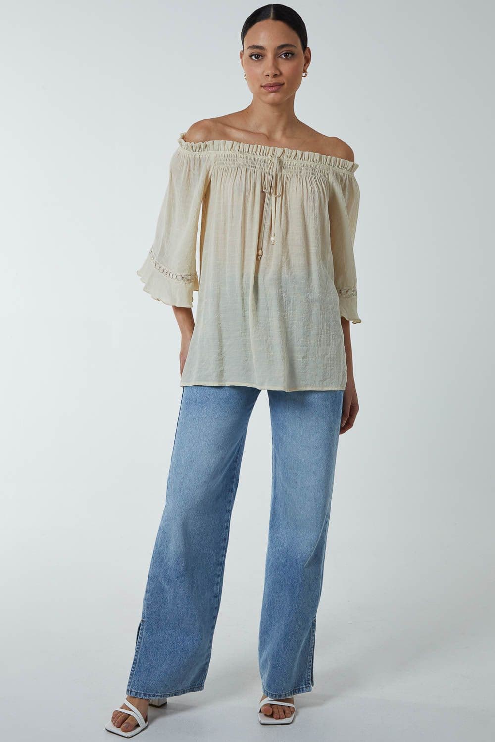 Blue Vanilla Women's Off Shoulder Tie Front Top in Stone