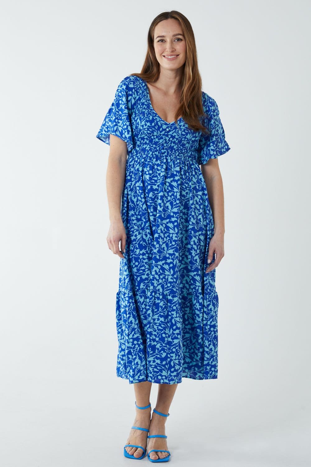 Blue Vanilla Women's Shirred Bust Midi Dress With Angel Sleeves in Blue