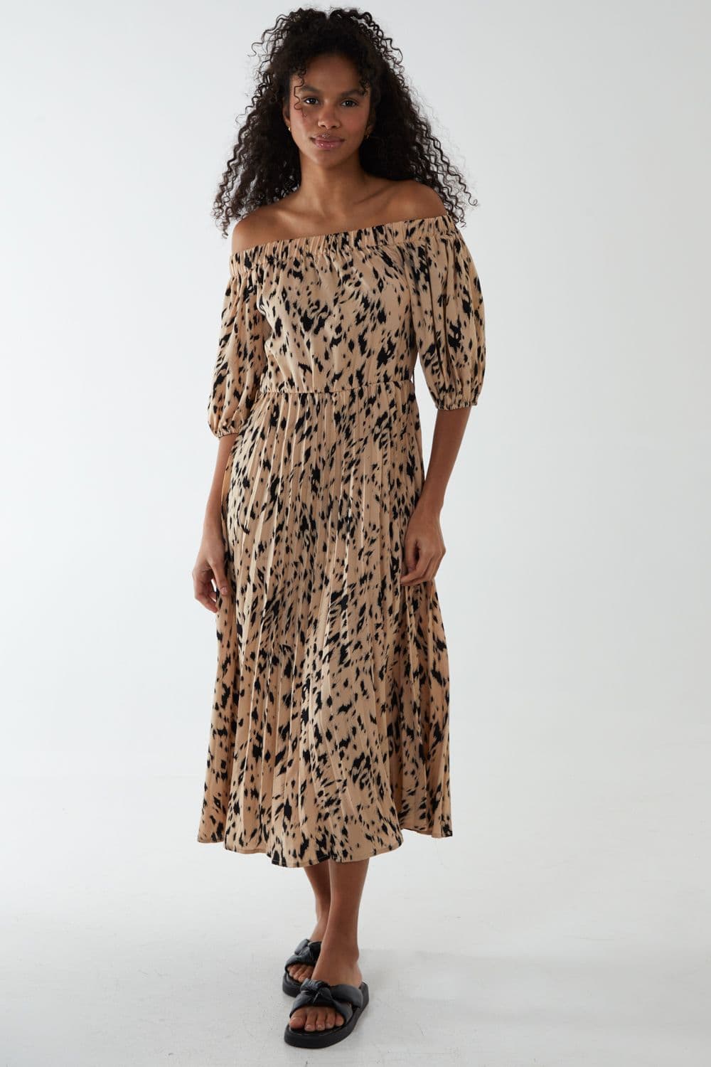 Blue Vanilla Women's Bardot Midi Dress With Pleated Hem in Stone