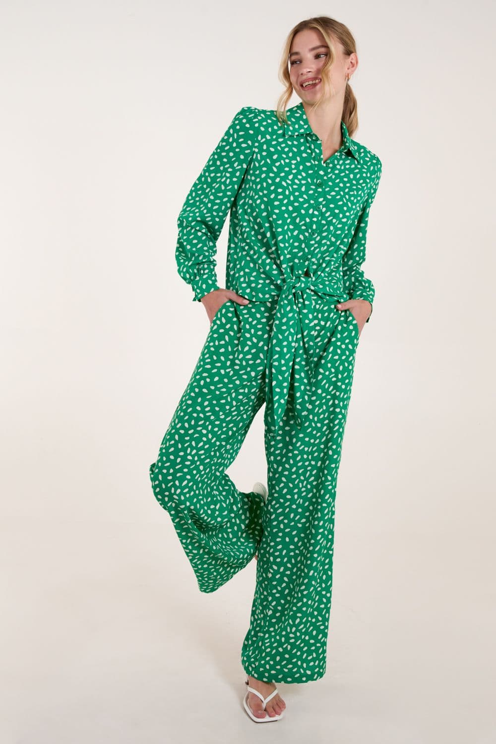 Blue Vanilla Women's Abstract Polka Dot Trousers in Green