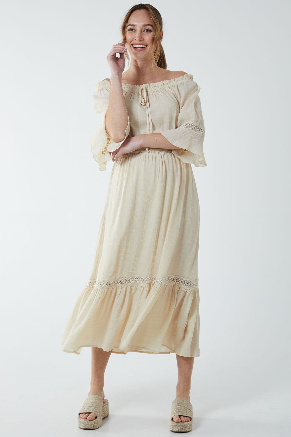 Blue Vanilla Women's Off Shoulder Elasticated Lace Insert Midi Dress in Stone