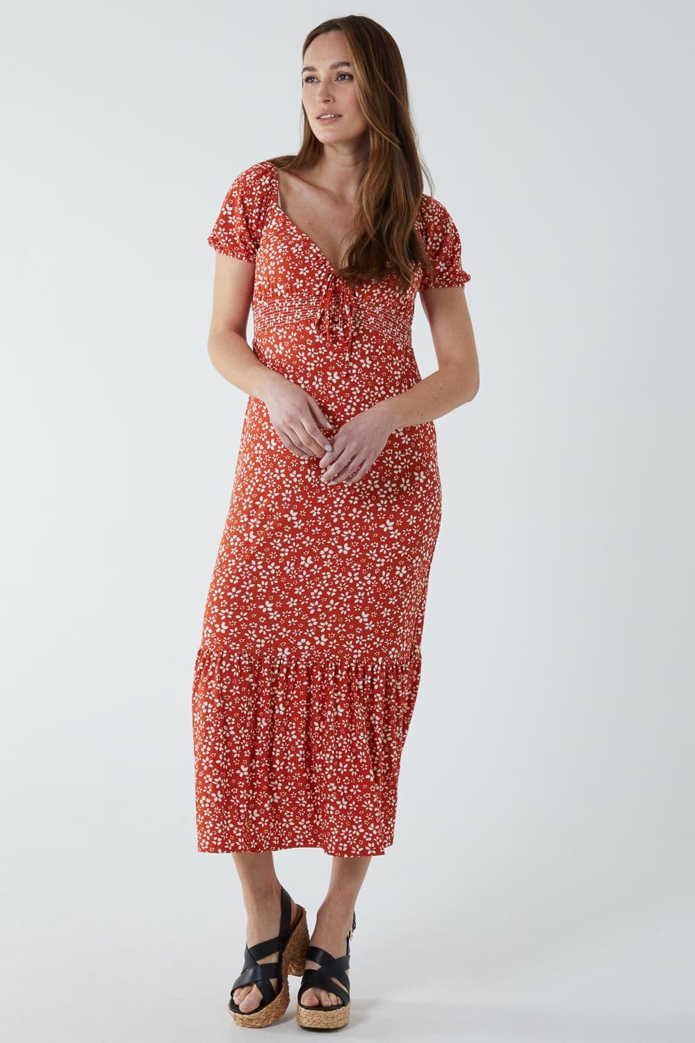 Blue Vanilla Women's Shirred Milkmaid Sweetheart Midi Dress in Orange