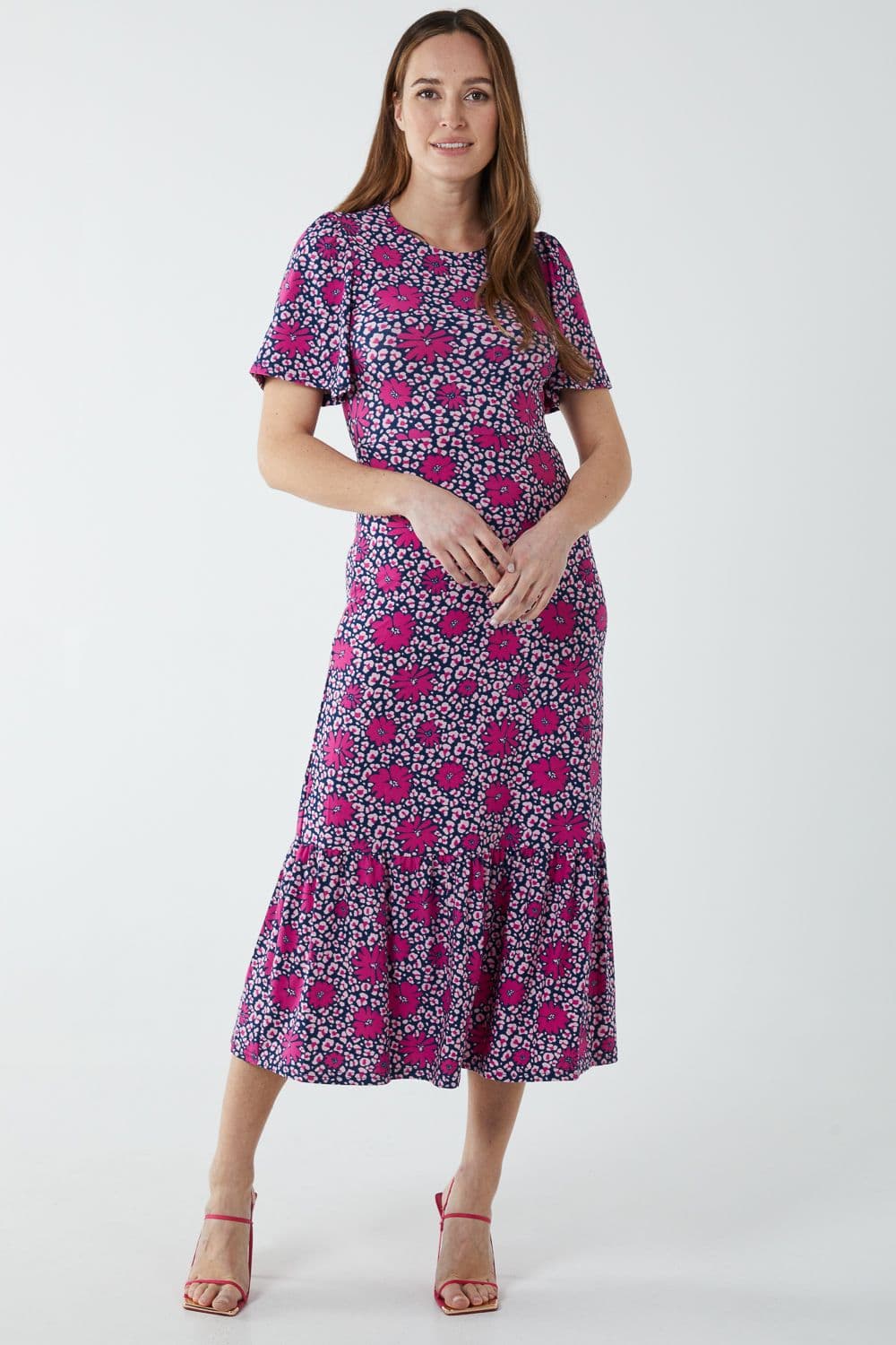 Blue Vanilla Women's Crew Neck Midi Angel Sleeve Tie Back Dress in Fuchsia