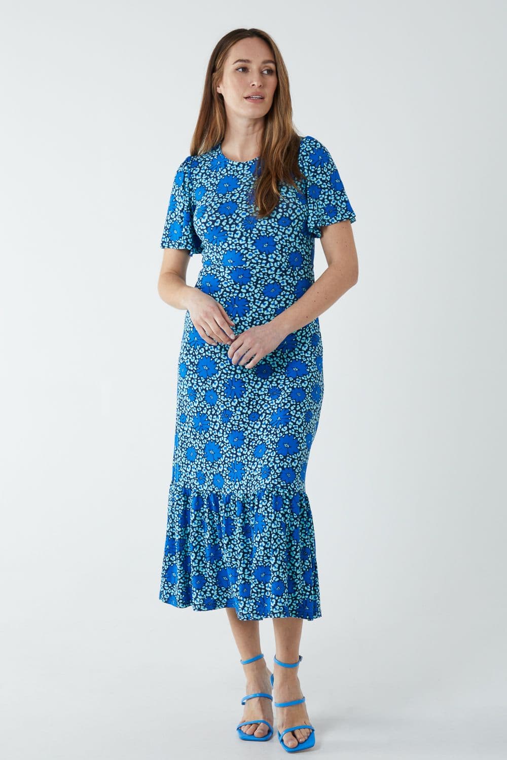 Blue Vanilla Women's Crew Neck Midi Angel Sleeve Tie Back Dress in Blue