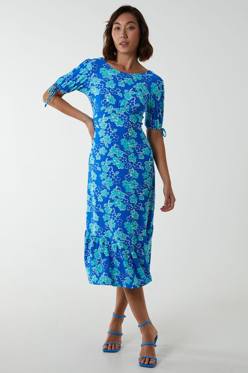 Blue Vanilla Women's Crew Neck Midi Dress With Scrunchie Back Detail in Blue